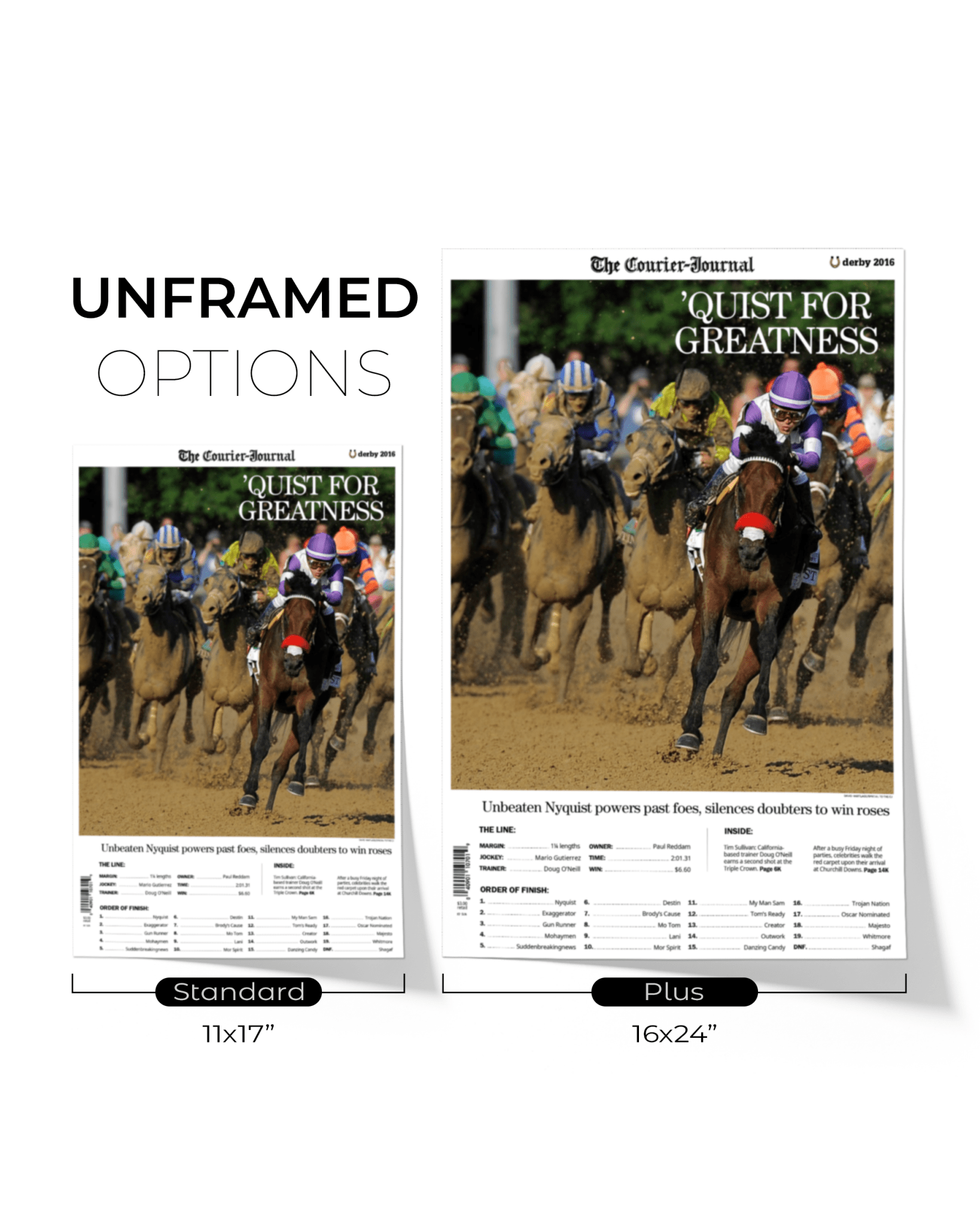 2016 Kentucky Derby “QUIST FOR GREATNESS” Nyquist Winner Framed Front Page Newspaper - TitleGameFrames.com