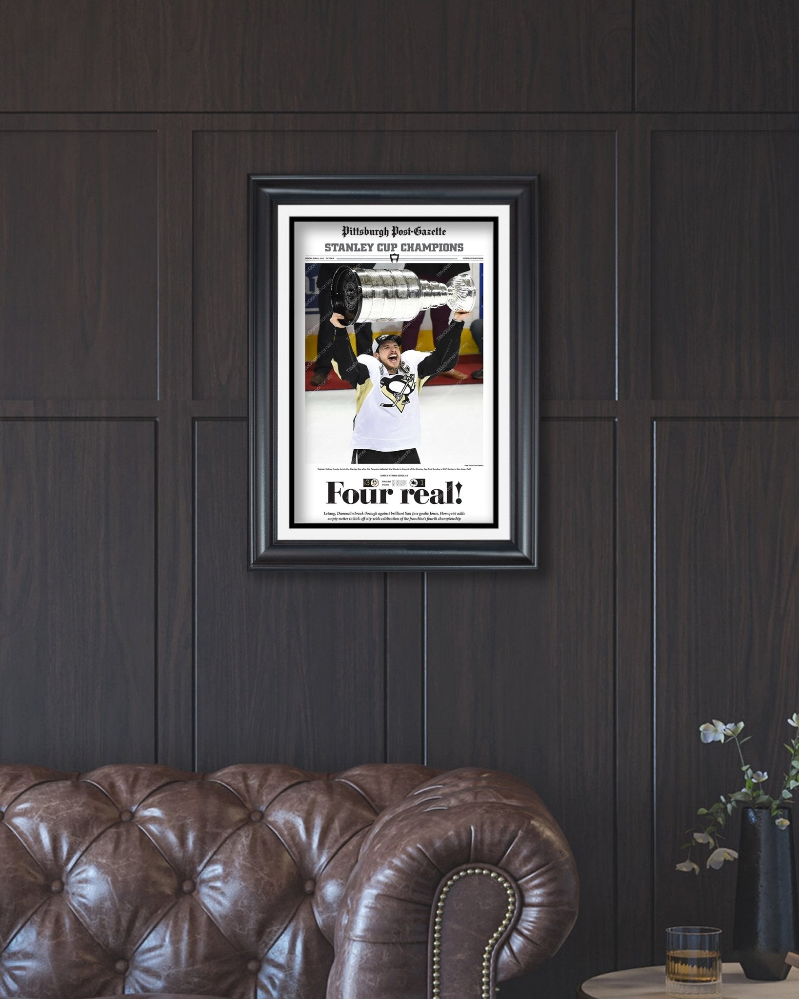 2016 Pittsburgh Penguins Stanley Cup Champions Framed Newspaper Cover Print Sidney Crosby - TitleGameFrames.com