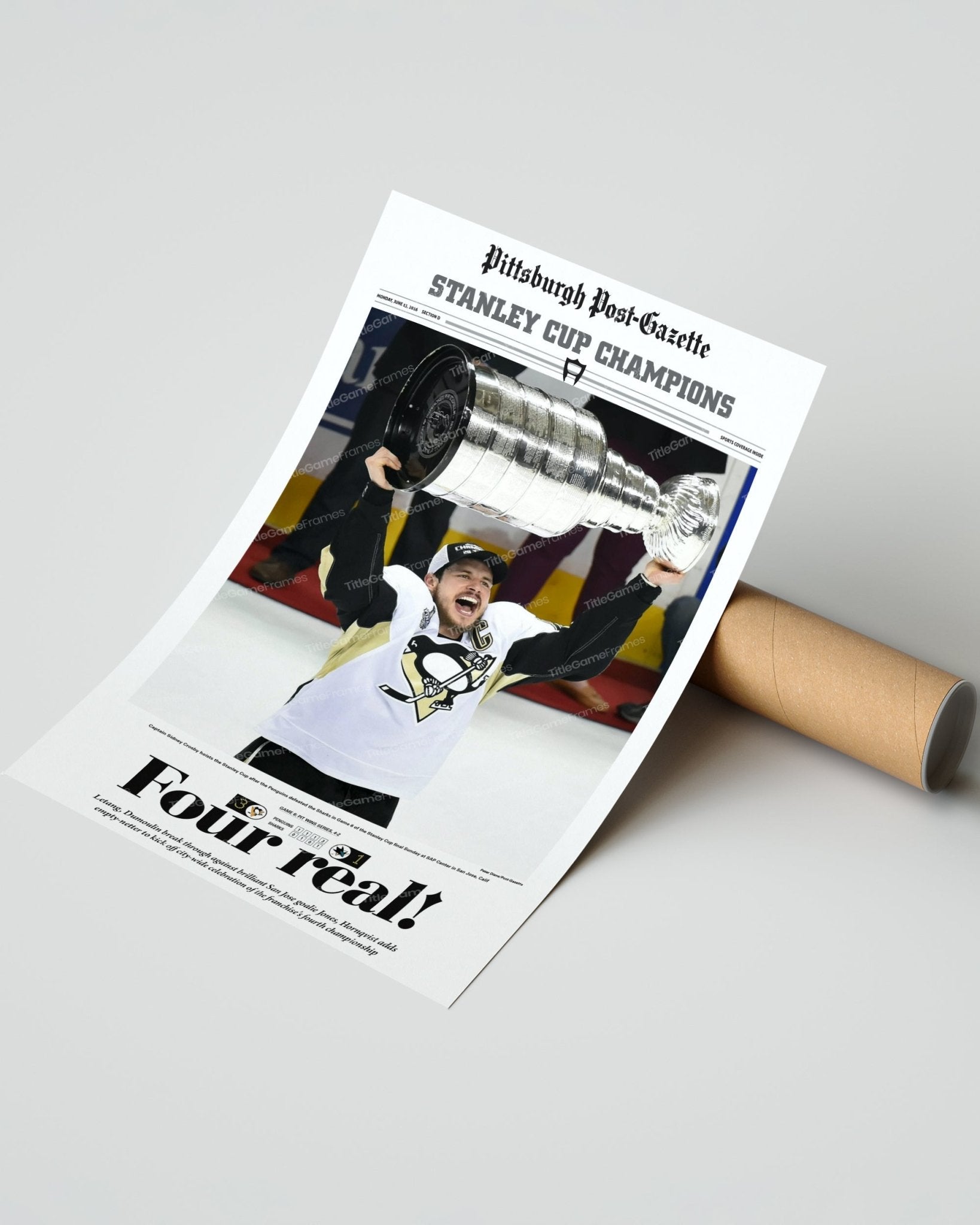 2016 Pittsburgh Penguins Stanley Cup Champions Framed Newspaper Cover Print Sidney Crosby - TitleGameFrames.com