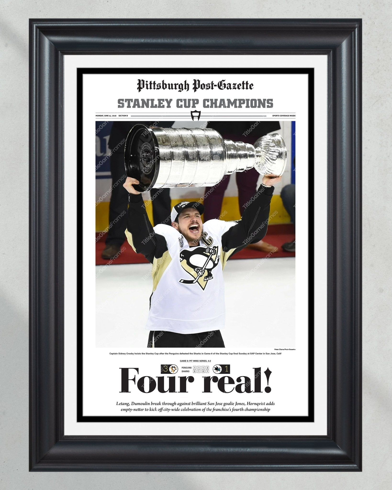 2016 Pittsburgh Penguins Stanley Cup Champions Framed Newspaper Cover Print Sidney Crosby - TitleGameFrames.com
