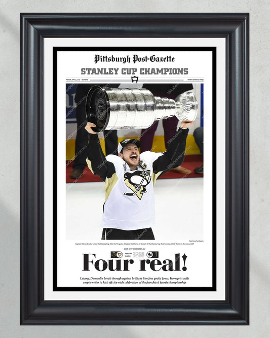 2016 Pittsburgh Penguins Stanley Cup Champions Framed Newspaper Cover Print Sidney Crosby - TitleGameFrames.com