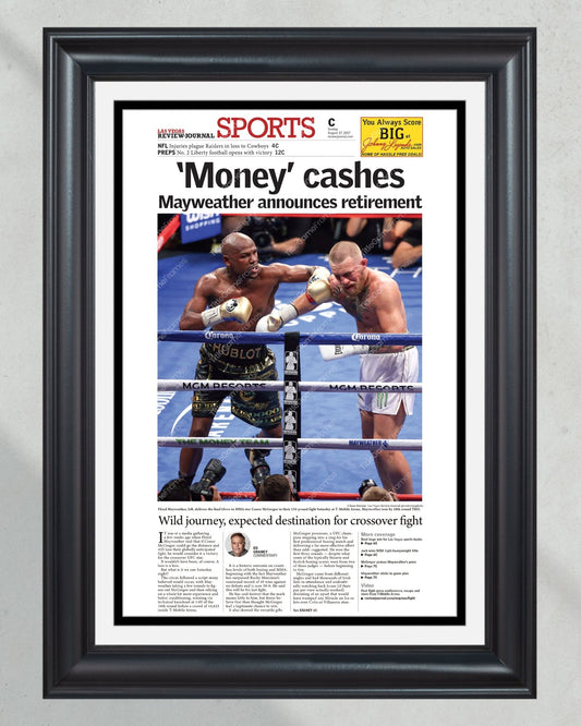 2017 Floyd Mayweather Defeats Conor Mcgregor Framed Front Page Newspaper Print - TitleGameFrames.com