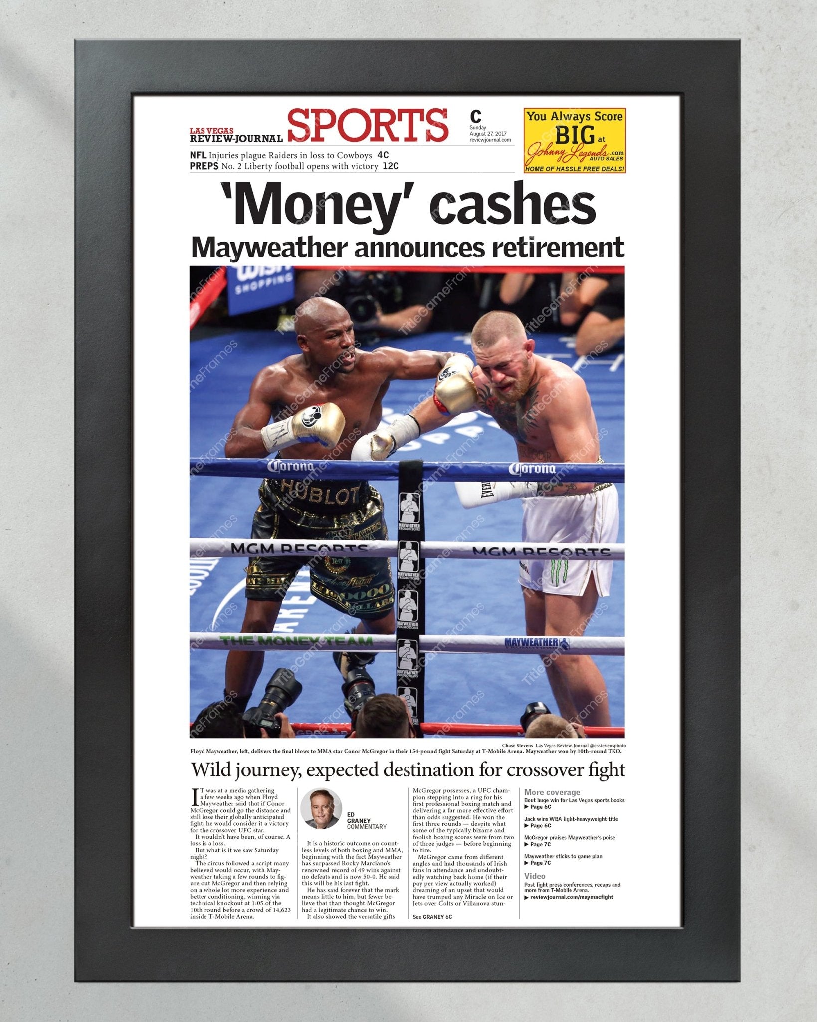 2017 Floyd Mayweather Defeats Conor Mcgregor Framed Front Page Newspaper Print - TitleGameFrames.com
