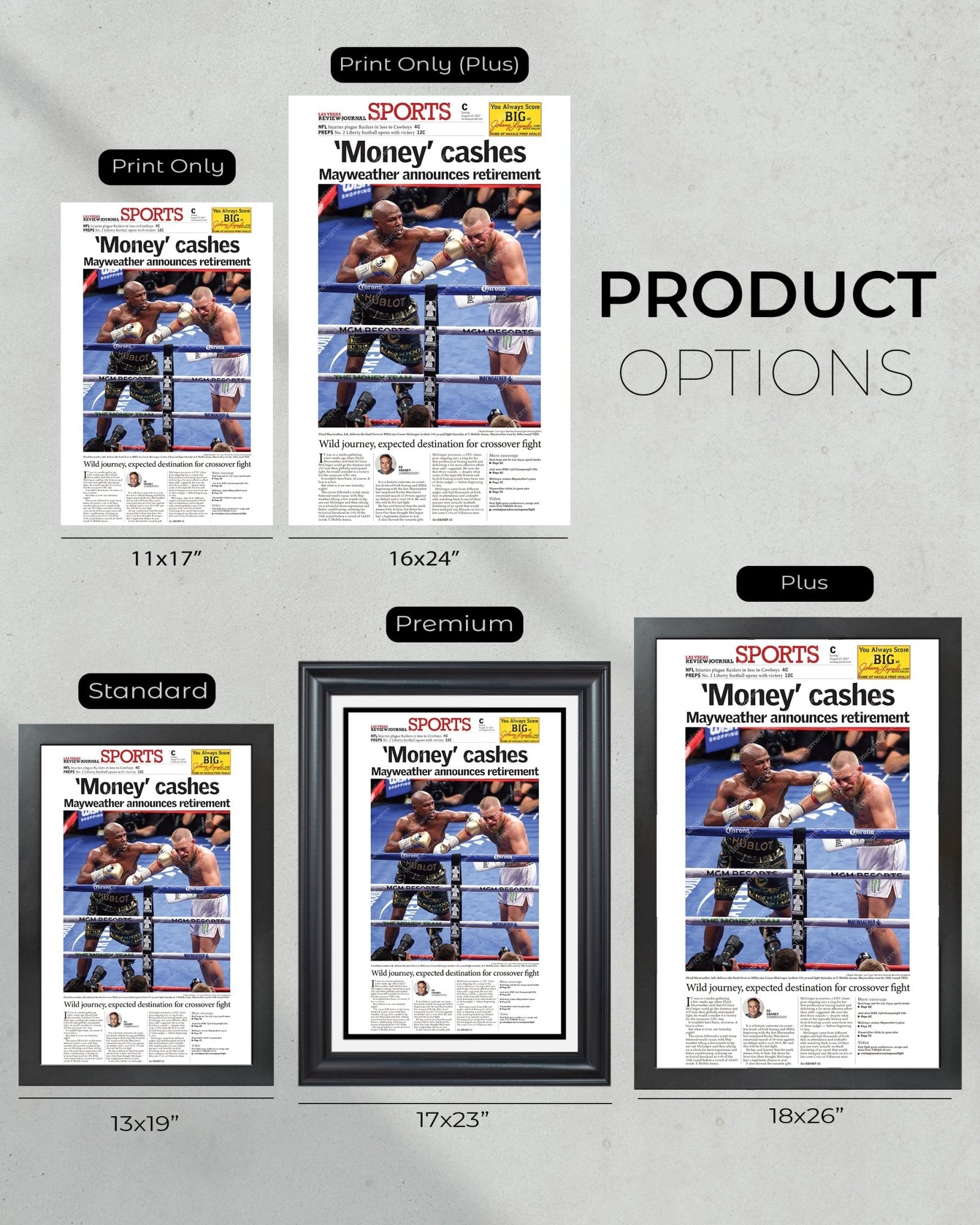 2017 Floyd Mayweather Defeats Conor Mcgregor Framed Front Page Newspaper Print - TitleGameFrames.com