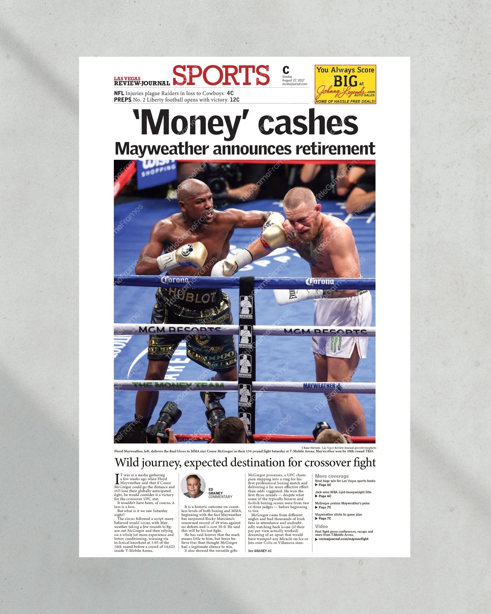 2017 Floyd Mayweather Defeats Conor Mcgregor Framed Front Page Newspaper Print - TitleGameFrames.com