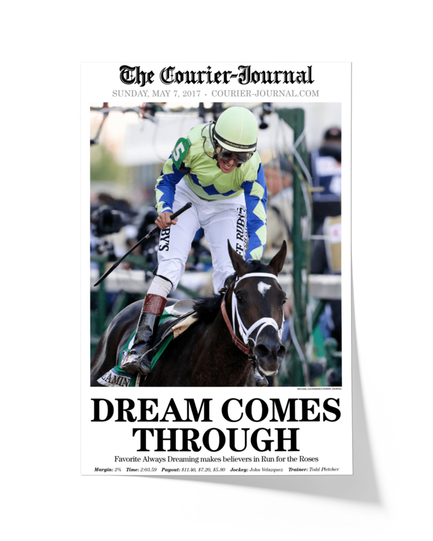 2017 Kentucky Derby “DREAM COMES THROUGH” Always Dreaming Winner Framed Front Page Newspaper - TitleGameFrames.com