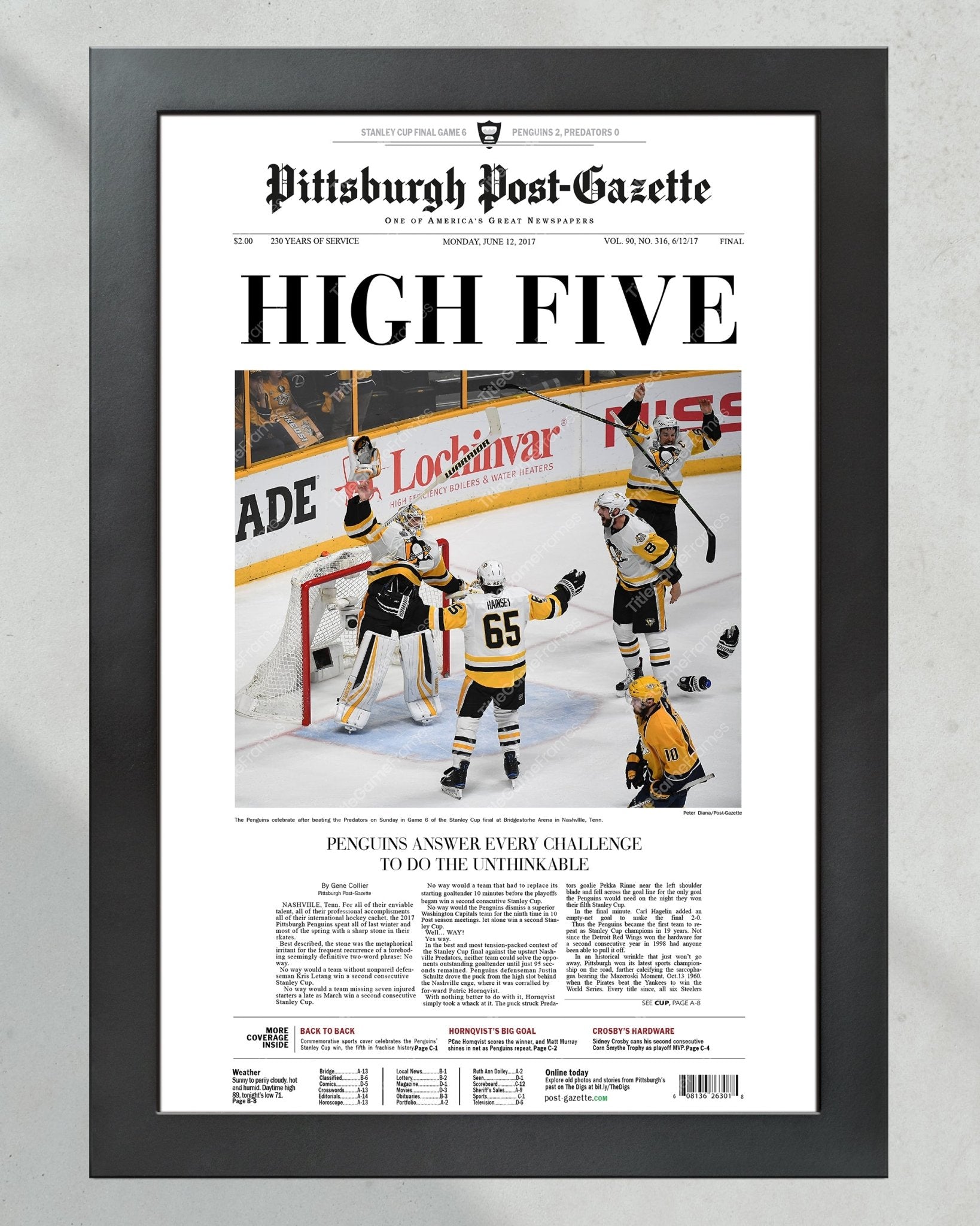 2017 Pittsburgh Penguins Stanley Cup Framed Newspaper - TitleGameFrames.com