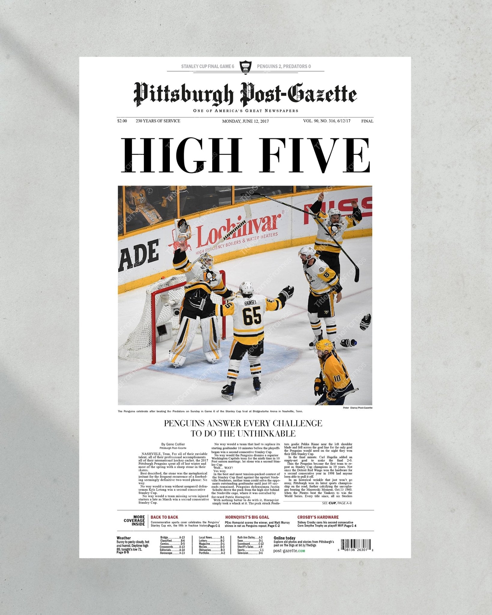 2017 Pittsburgh Penguins Stanley Cup Framed Newspaper - TitleGameFrames.com