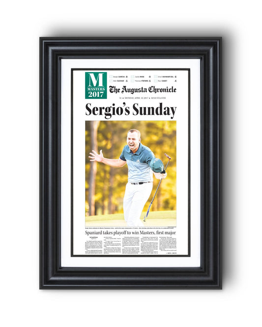 2017 Sergio Garcia Masters Champion 'Sergio's Sunday' Framed Newspaper - TitleGameFrames.com