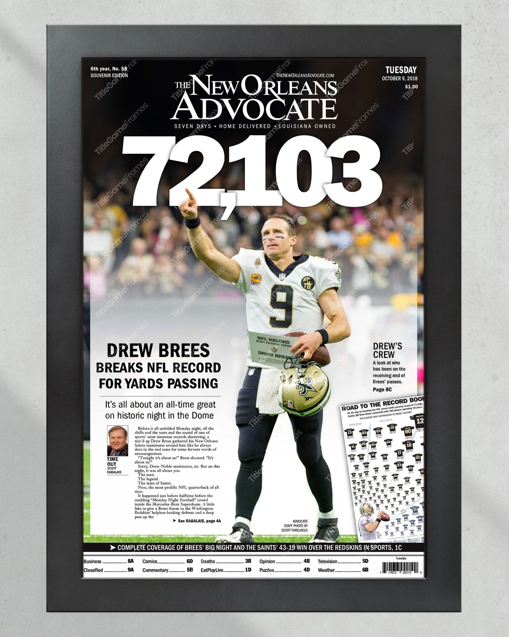 2018 Drew Brees New Orleans Saints Record Breaking Framed Front Page Newspaper Print - TitleGameFrames.com