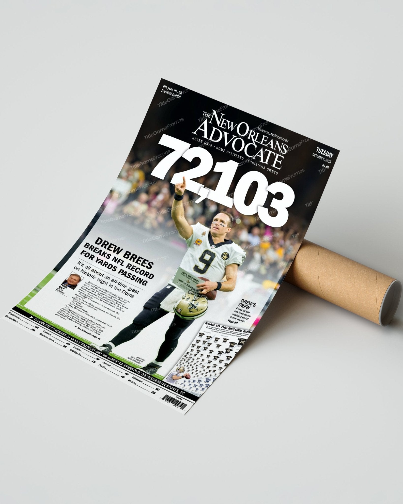 2018 Drew Brees New Orleans Saints Record Breaking Framed Front Page Newspaper Print - TitleGameFrames.com