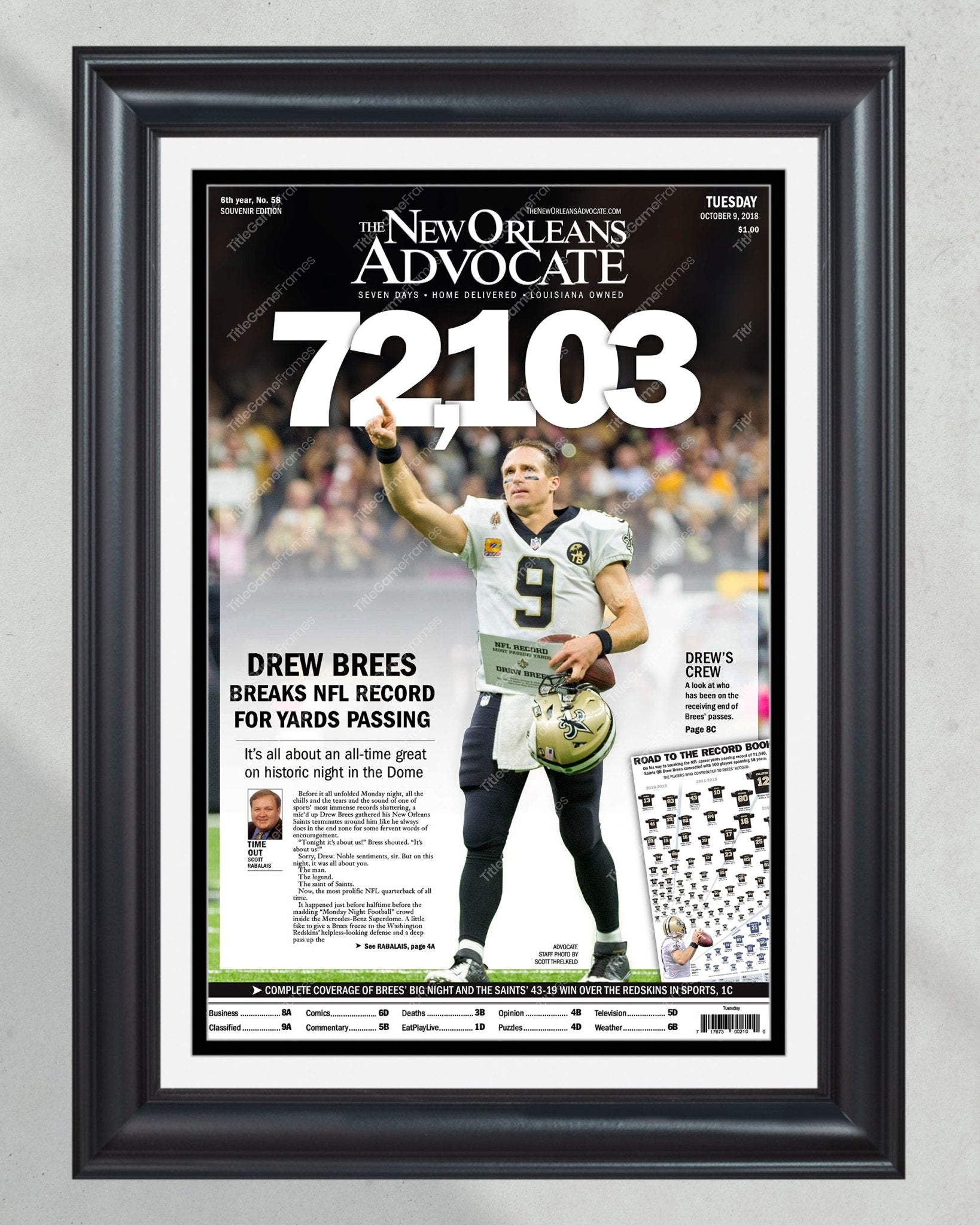 2018 Drew Brees New Orleans Saints Record Breaking Framed Front Page Newspaper Print - TitleGameFrames.com