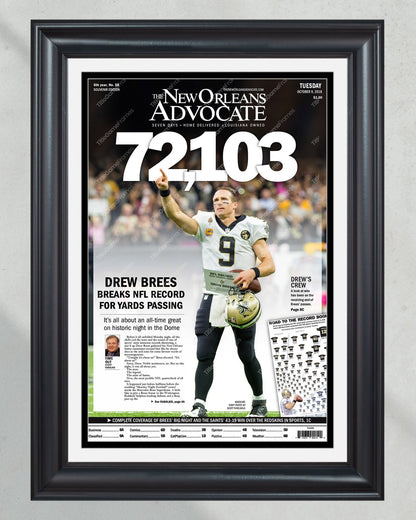 2018 Drew Brees New Orleans Saints Record Breaking Framed Front Page Newspaper Print - TitleGameFrames.com