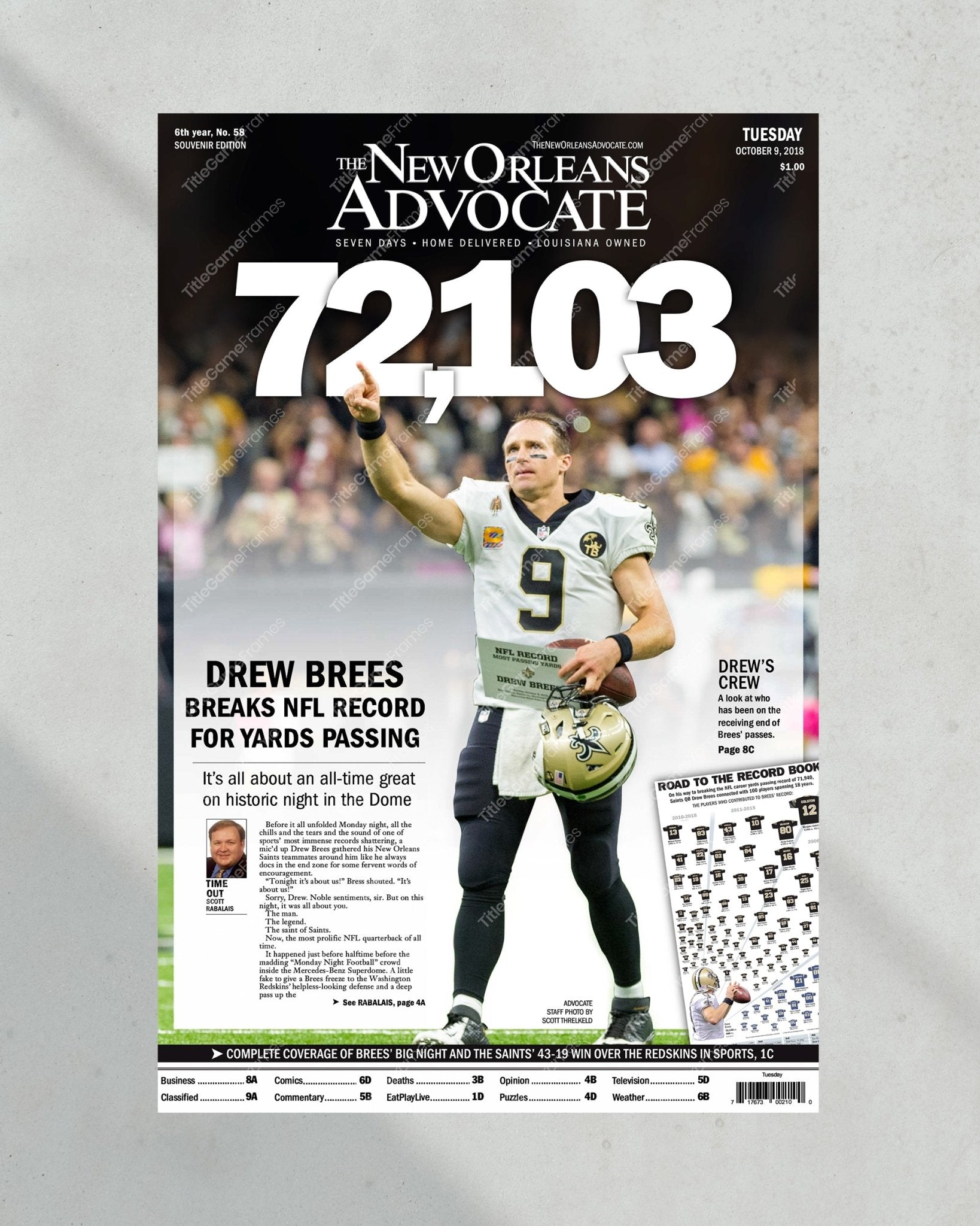 2018 Drew Brees New Orleans Saints Record Breaking Framed Front Page Newspaper Print - TitleGameFrames.com