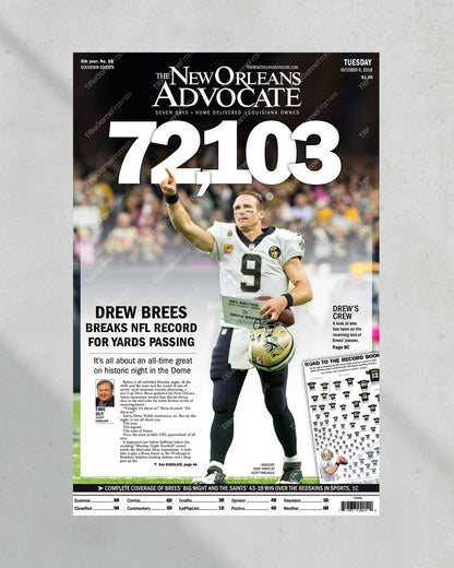 2018 Drew Brees New Orleans Saints Record Breaking Framed Front Page Newspaper Print - TitleGameFrames.com
