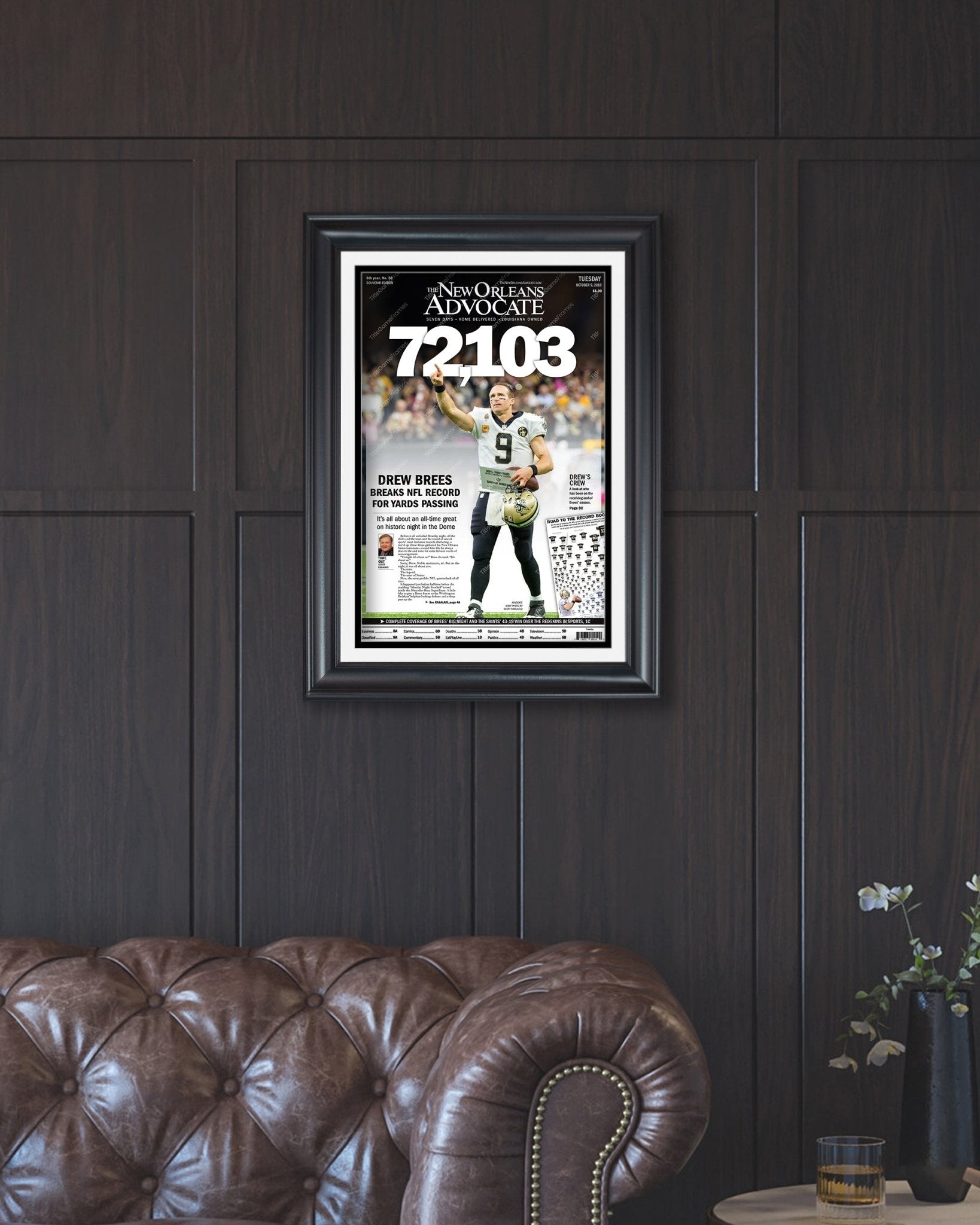 2018 Drew Brees New Orleans Saints Record Breaking Framed Front Page Newspaper Print - TitleGameFrames.com