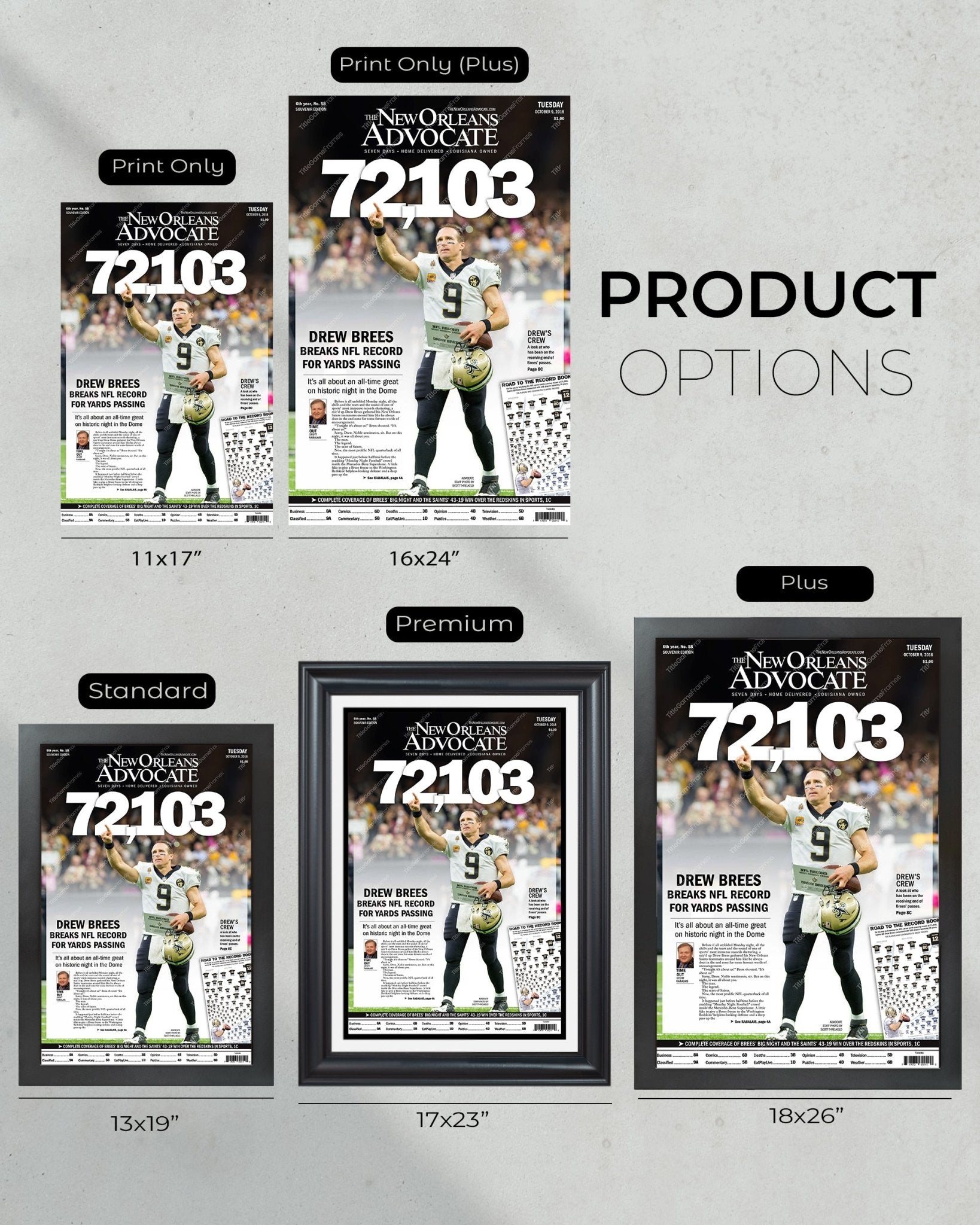 2018 Drew Brees New Orleans Saints Record Breaking Framed Front Page Newspaper Print - TitleGameFrames.com