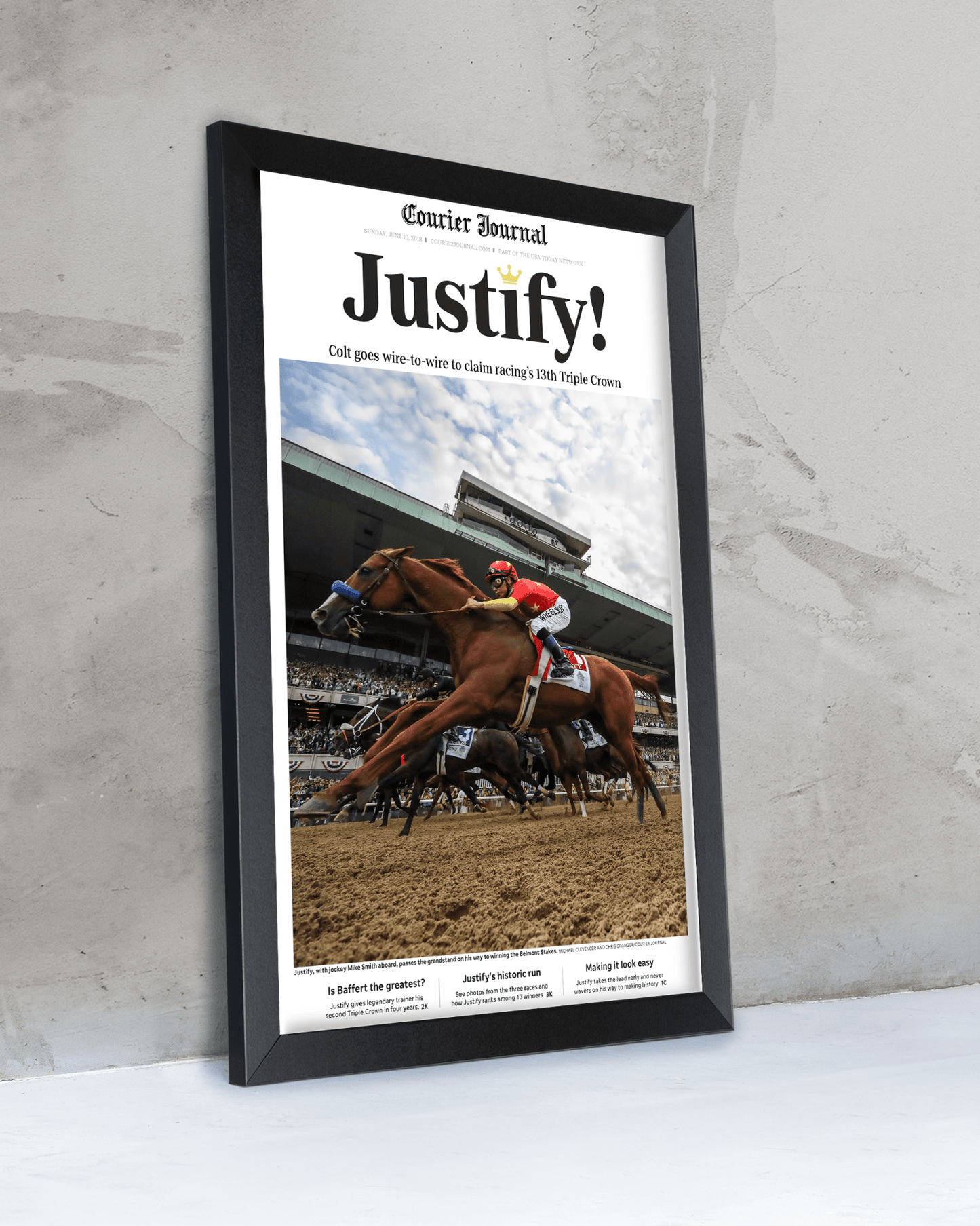 2018 Kentucky Derby "Justify!" Winner Framed Front Page Newspaper - TitleGameFrames.com