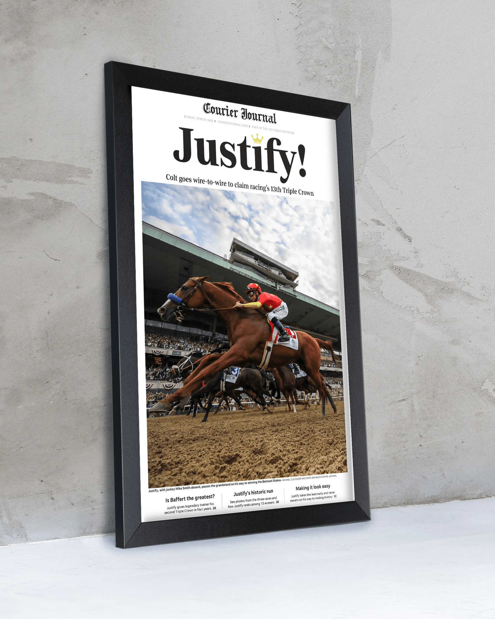 2018 Kentucky Derby "Justify!" Winner Framed Front Page Newspaper - TitleGameFrames.com