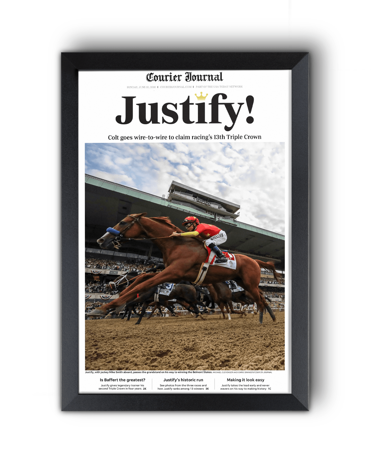2018 Kentucky Derby "Justify!" Winner Framed Front Page Newspaper - TitleGameFrames.com