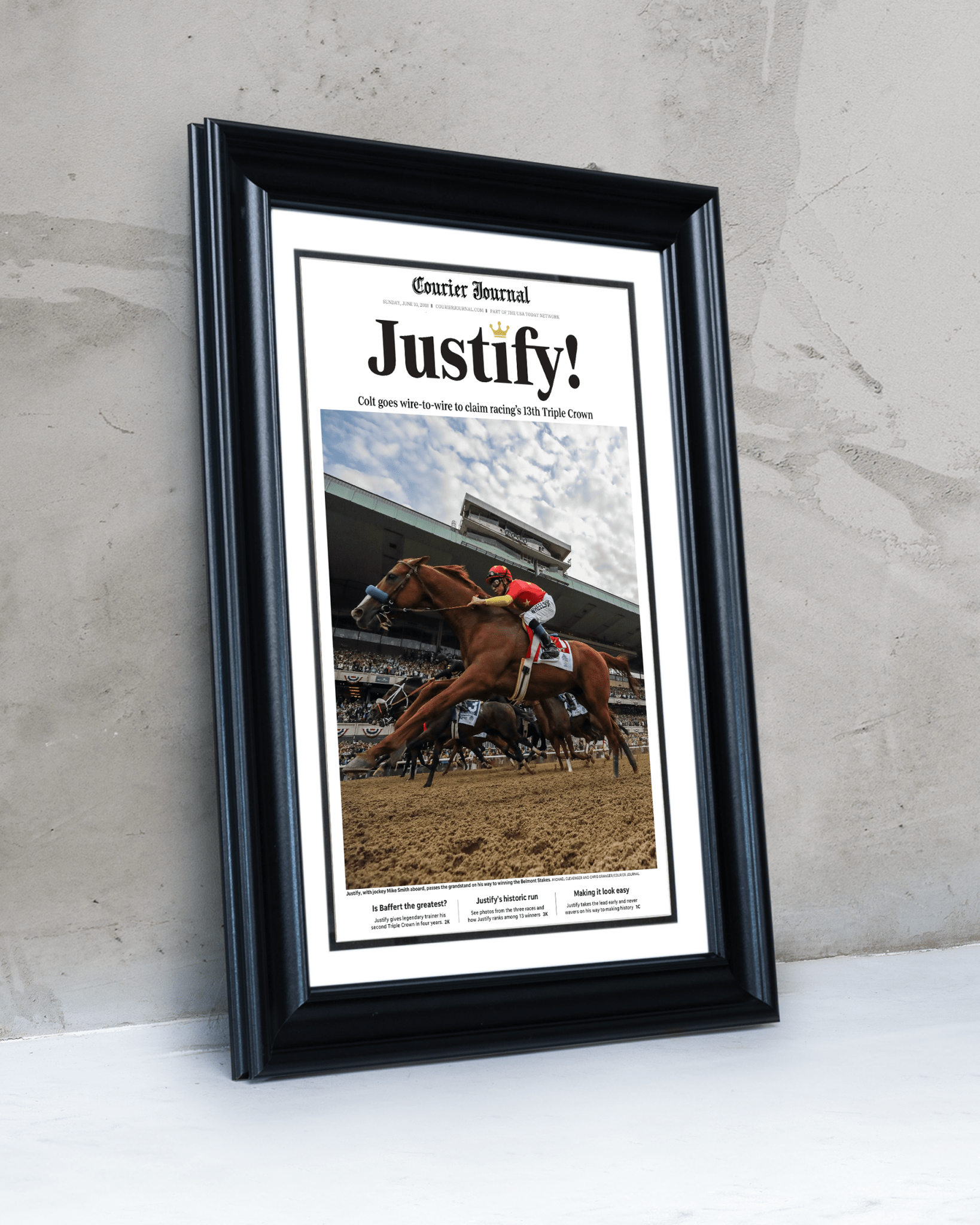 2018 Kentucky Derby "Justify!" Winner Framed Front Page Newspaper - TitleGameFrames.com