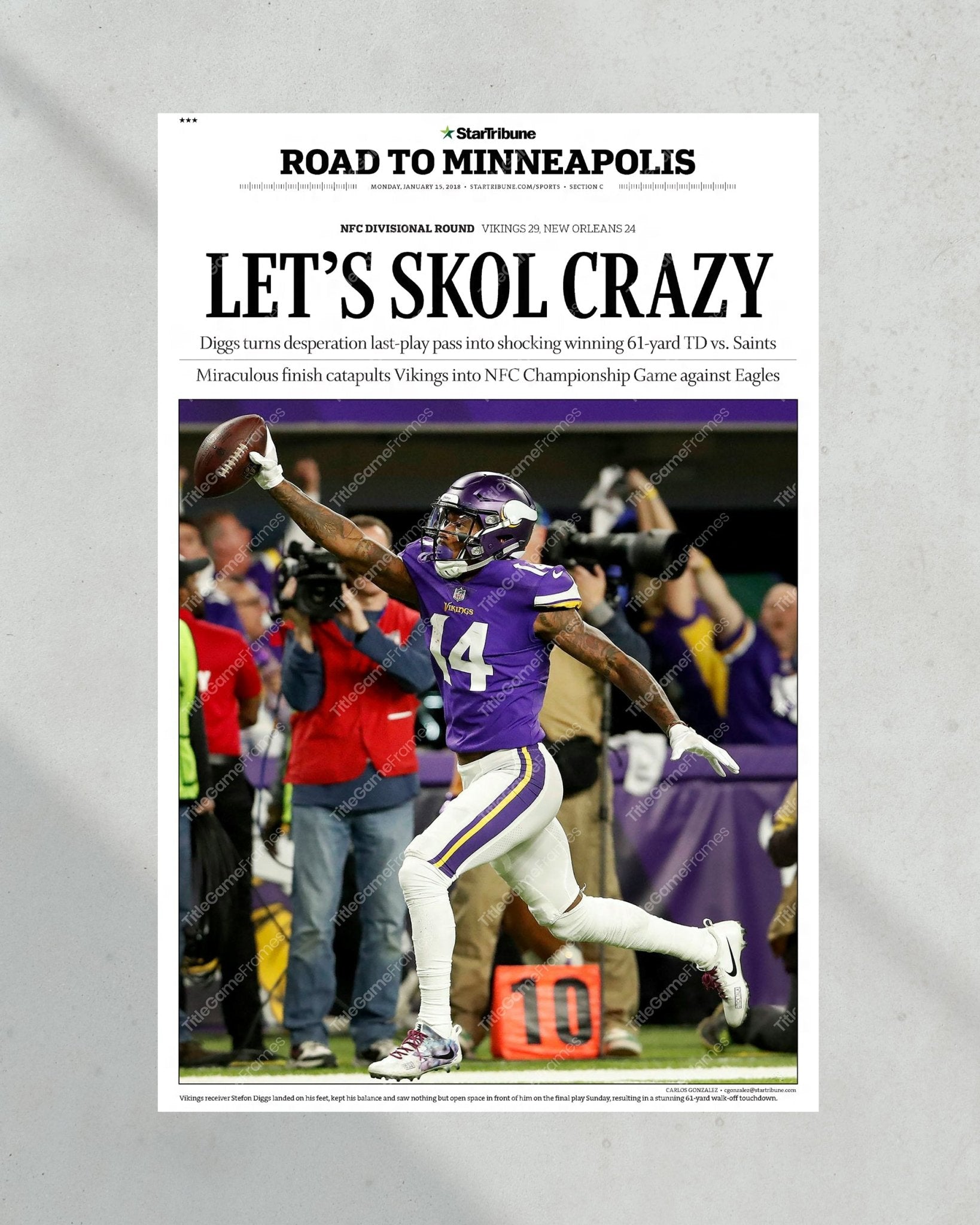 2018 Minnesota Vikings FC Divional Round "LET'S SKOL CRAZY' Framed Newspaper - TitleGameFrames.com
