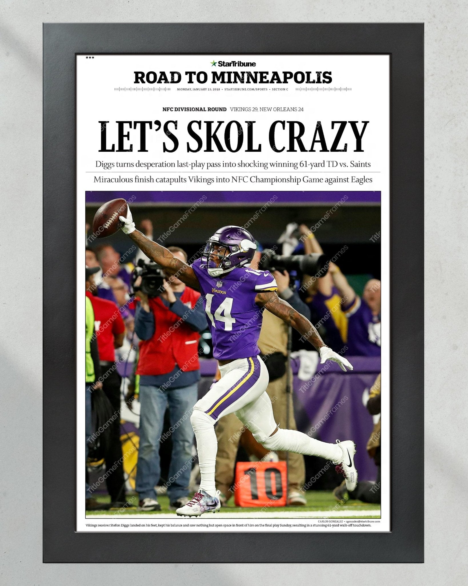 2018 Minnesota Vikings FC Divional Round "LET'S SKOL CRAZY' Framed Newspaper - TitleGameFrames.com