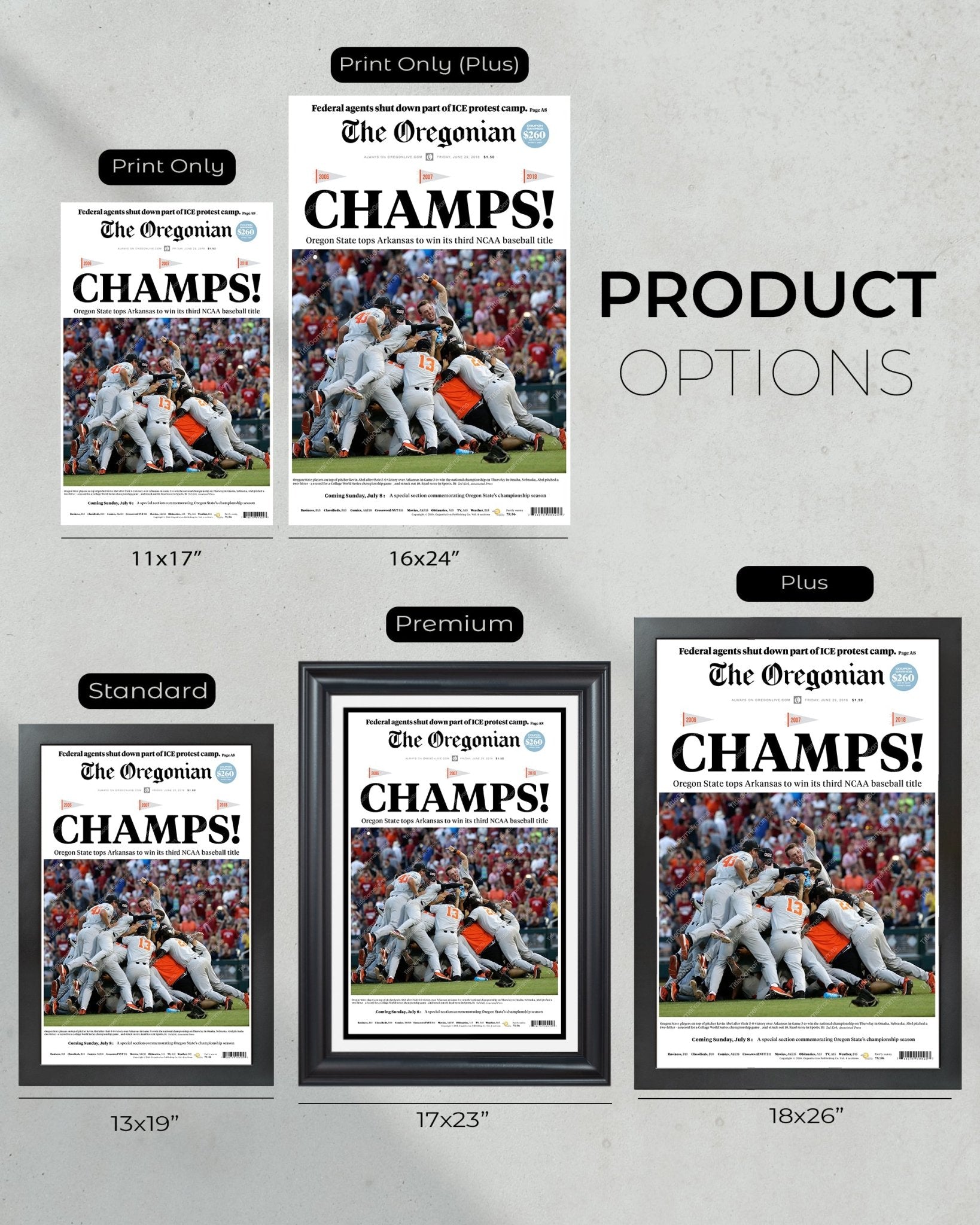 2018 Oregon State Beavers College Baseball World Series 'CHAMPS!' Framed Front Page Newspaper Print - TitleGameFrames.com