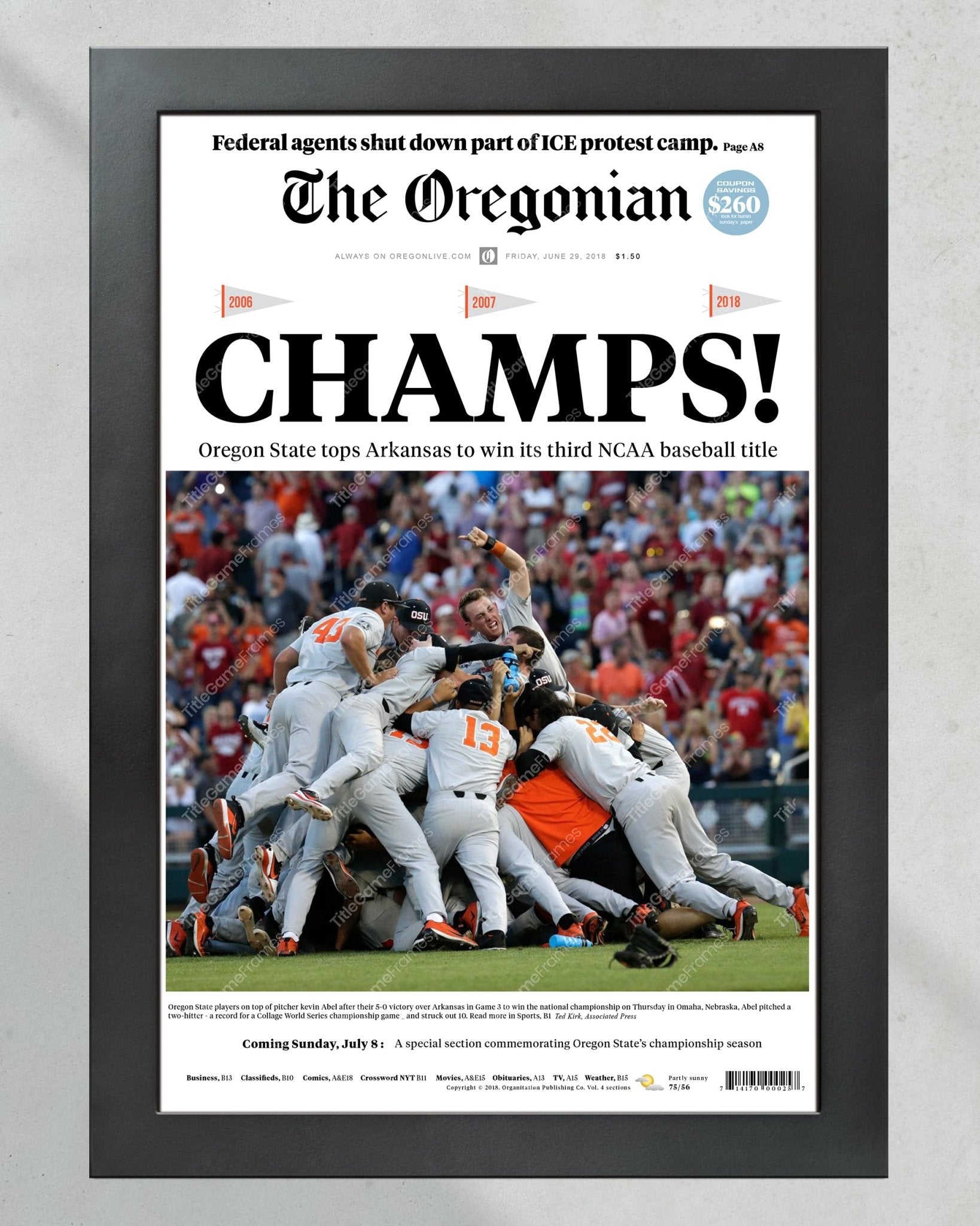 2018 Oregon State Beavers College Baseball World Series 'CHAMPS!' Framed Front Page Newspaper Print - TitleGameFrames.com