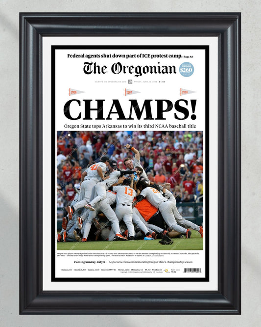 2018 Oregon State Beavers College Baseball World Series 'CHAMPS!' Framed Front Page Newspaper Print - TitleGameFrames.com