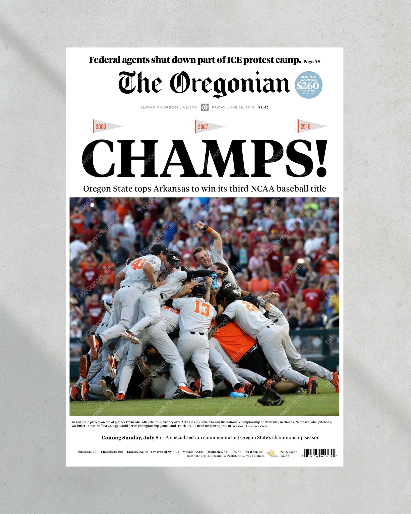 2018 Oregon State Beavers College Baseball World Series 'CHAMPS!' Framed Front Page Newspaper Print - TitleGameFrames.com