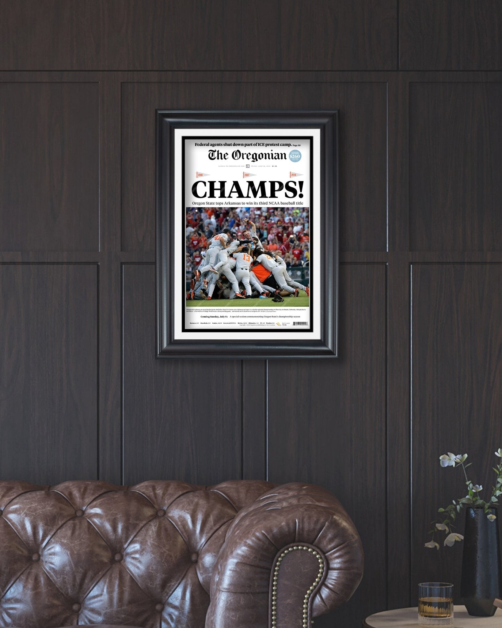 2018 Oregon State Beavers College Baseball World Series 'CHAMPS!' Framed Front Page Newspaper Print - TitleGameFrames.com