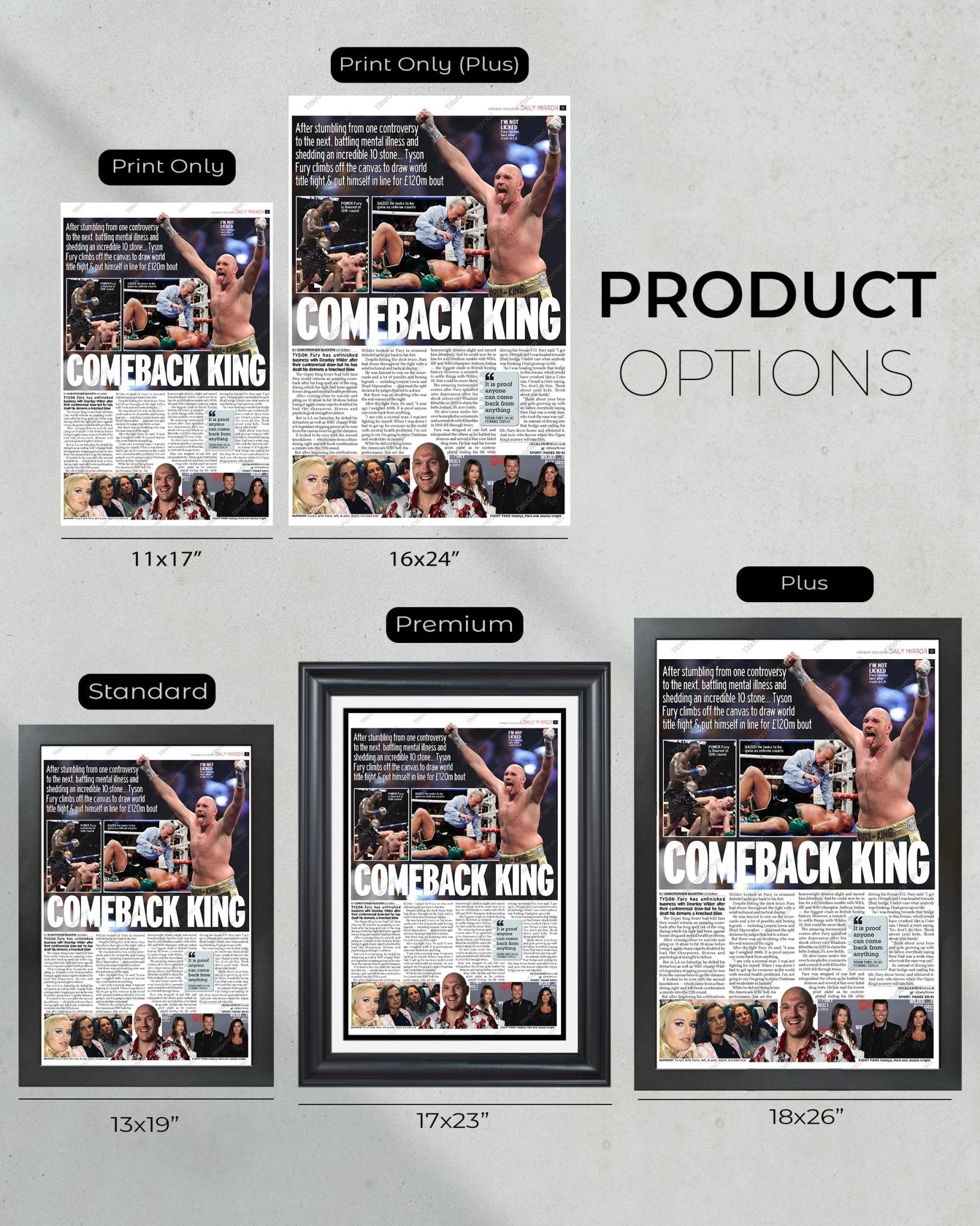 2018 Tyson Fury vs. Deontay Wilder Heavyweight Boxing Framed Front Page Newspaper Print - TitleGameFrames.com