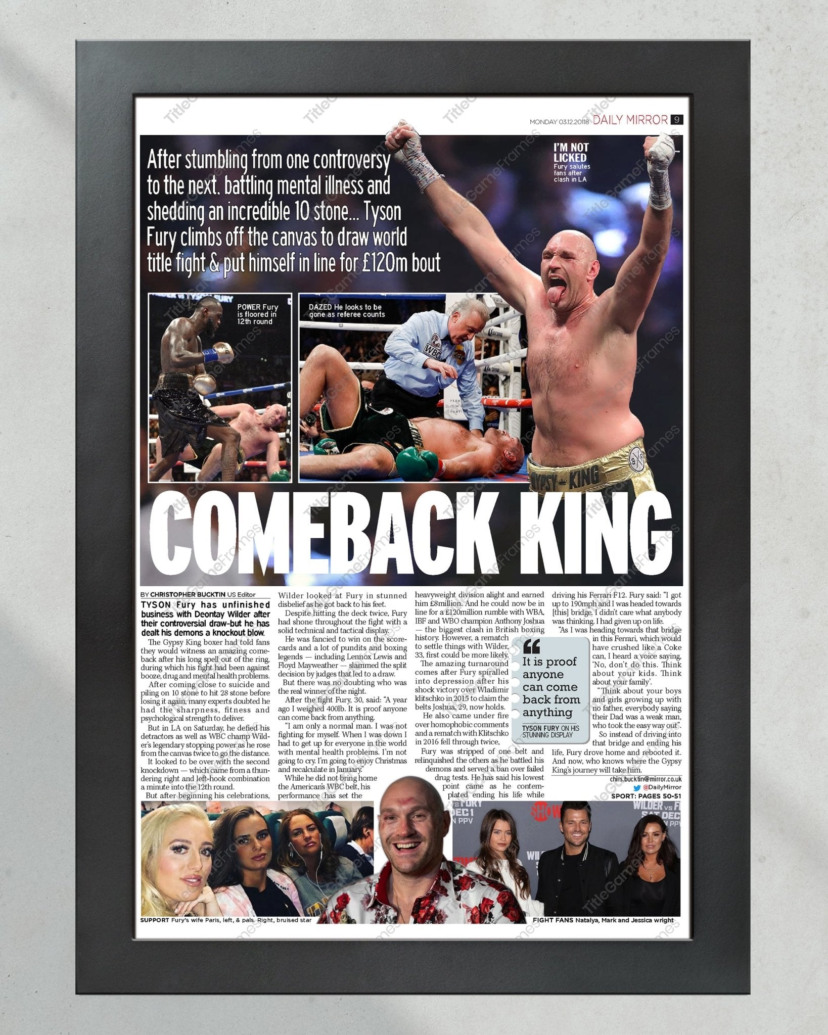 2018 Tyson Fury vs. Deontay Wilder Heavyweight Boxing Framed Front Page Newspaper Print - TitleGameFrames.com