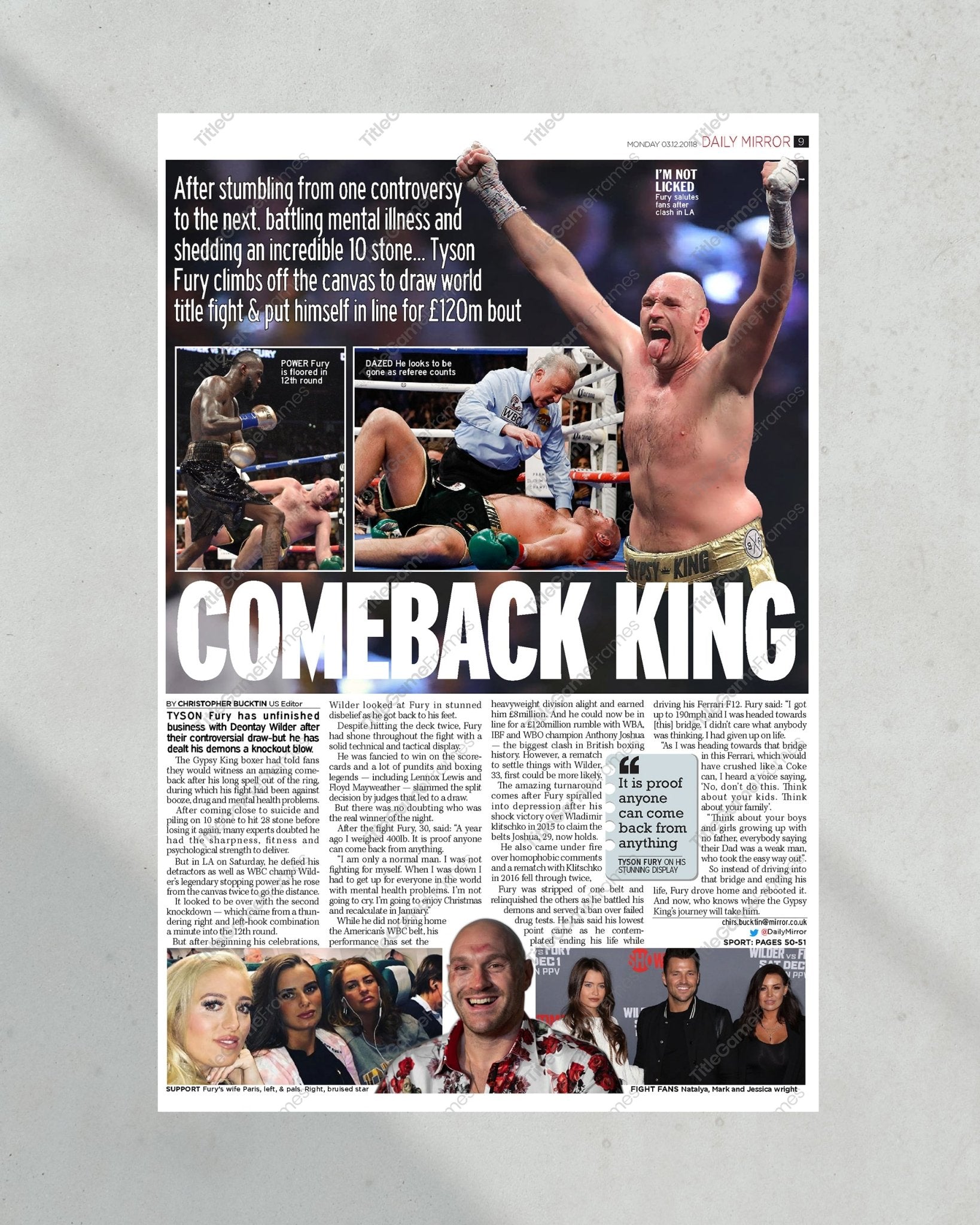 2018 Tyson Fury vs. Deontay Wilder Heavyweight Boxing Framed Front Page Newspaper Print - TitleGameFrames.com