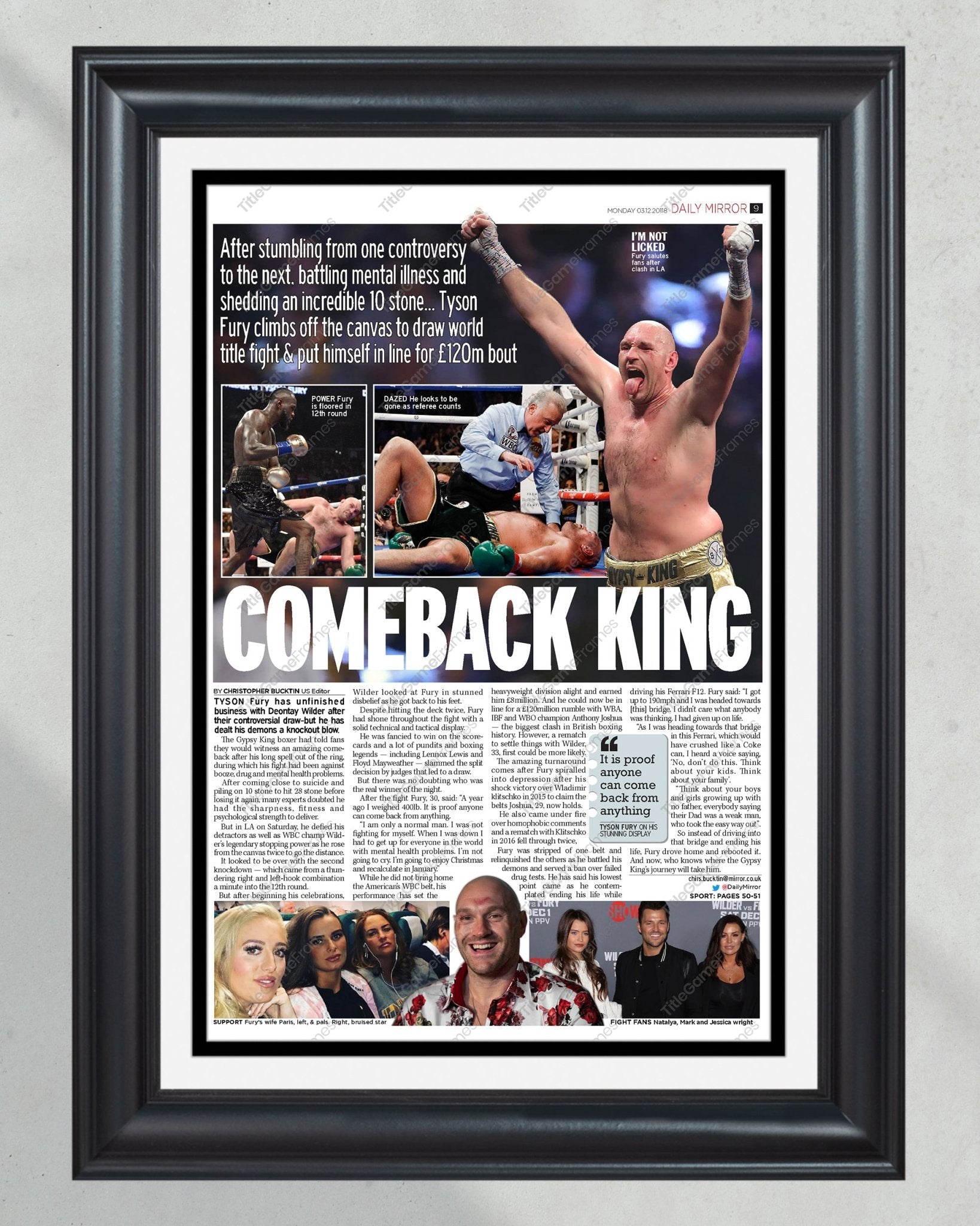 2018 Tyson Fury vs. Deontay Wilder Heavyweight Boxing Framed Front Page Newspaper Print - TitleGameFrames.com