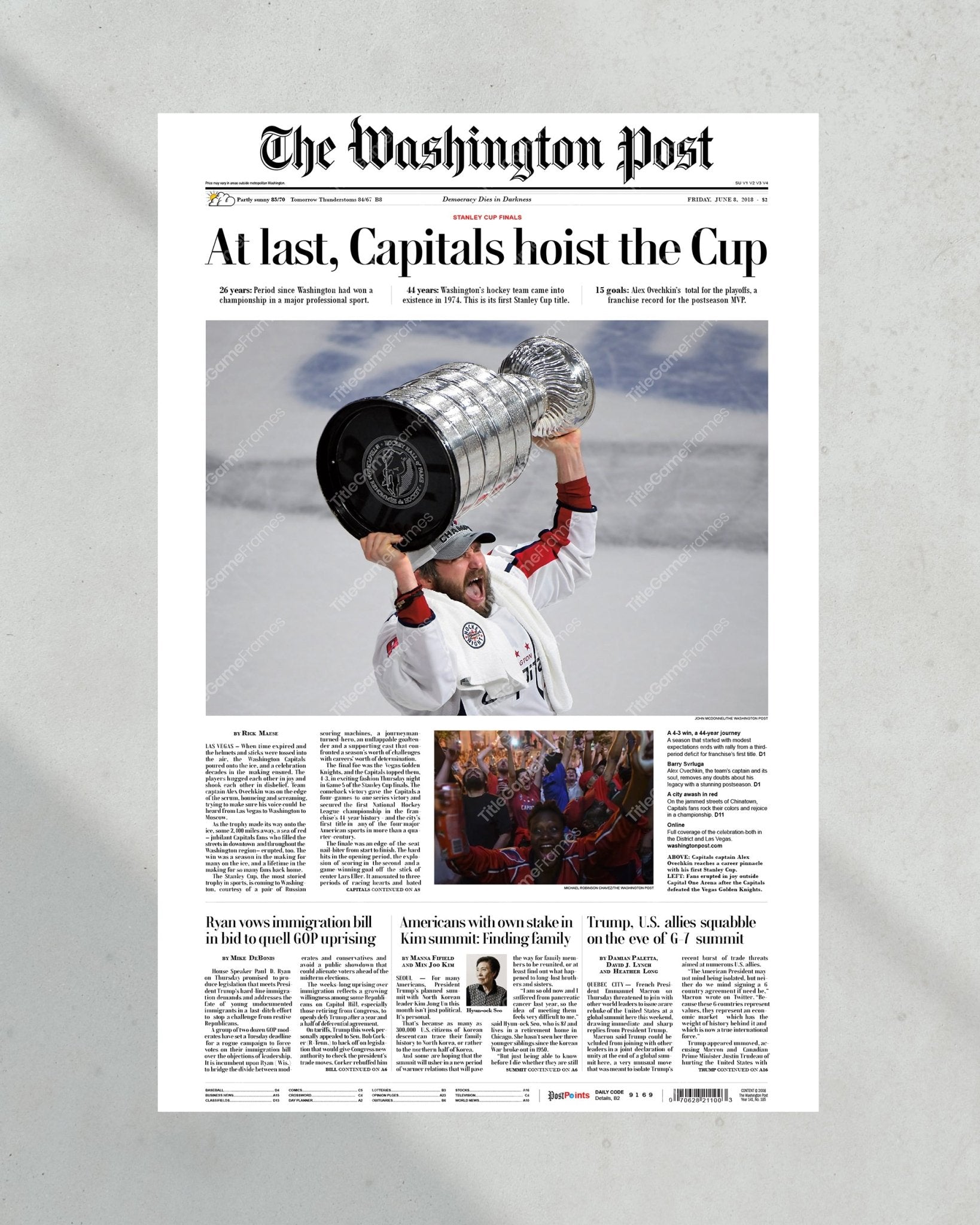 2018 Washington Capitals Stanley Cup Champions "At Last" Framed Newspaper Print - TitleGameFrames.com