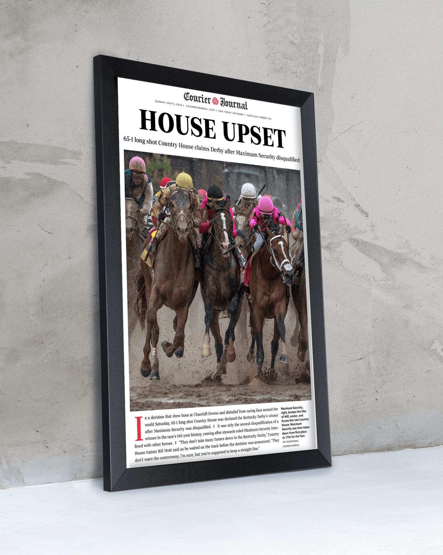 2019 Kentucky Derby “HOUSE UPSET” Country House Winner Framed Front Page Newspaper - TitleGameFrames.com