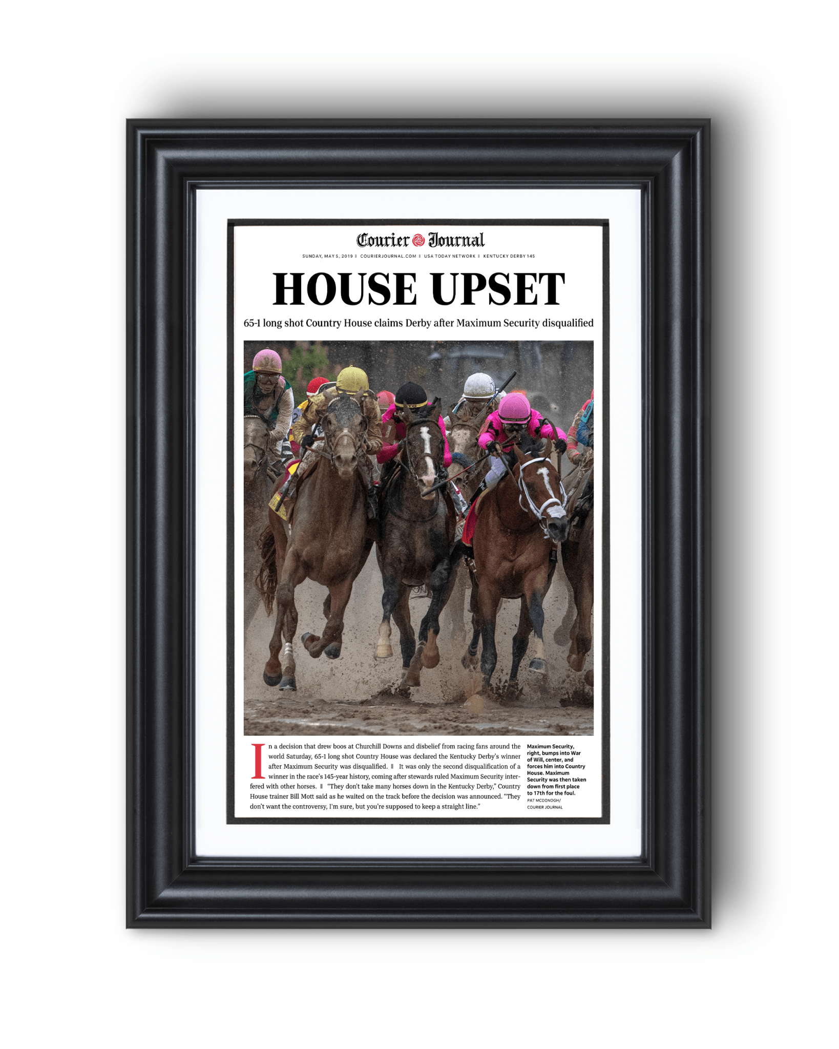 2019 Kentucky Derby “HOUSE UPSET” Country House Winner Framed Front Page Newspaper - TitleGameFrames.com