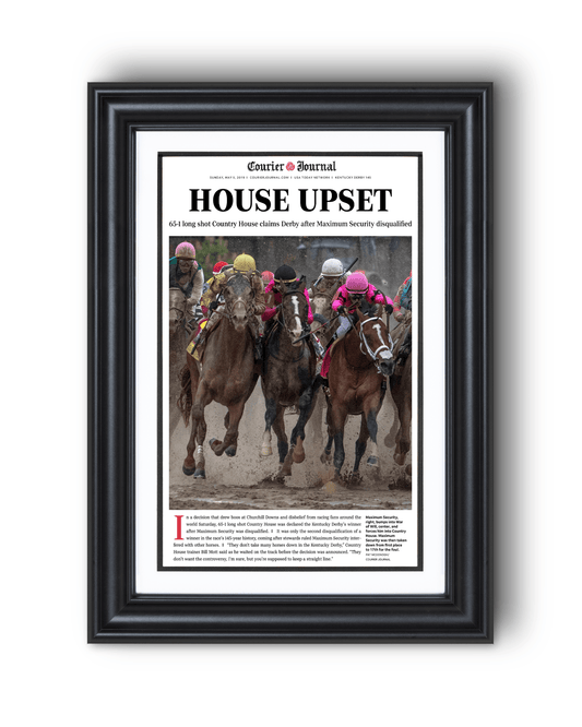 2019 Kentucky Derby “HOUSE UPSET” Country House Winner Framed Front Page Newspaper - TitleGameFrames.com