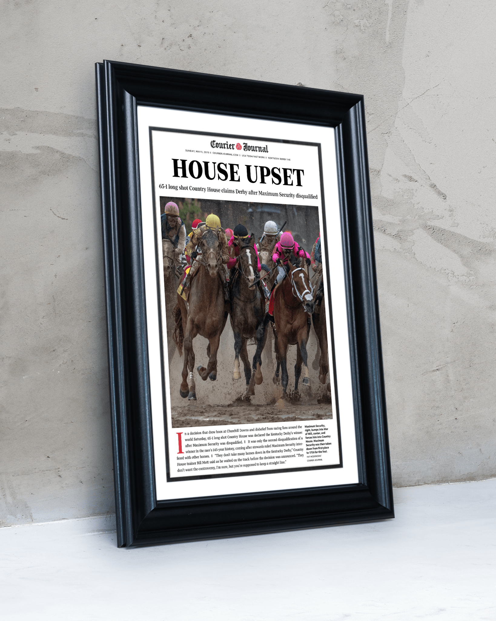 2019 Kentucky Derby “HOUSE UPSET” Country House Winner Framed Front Page Newspaper - TitleGameFrames.com