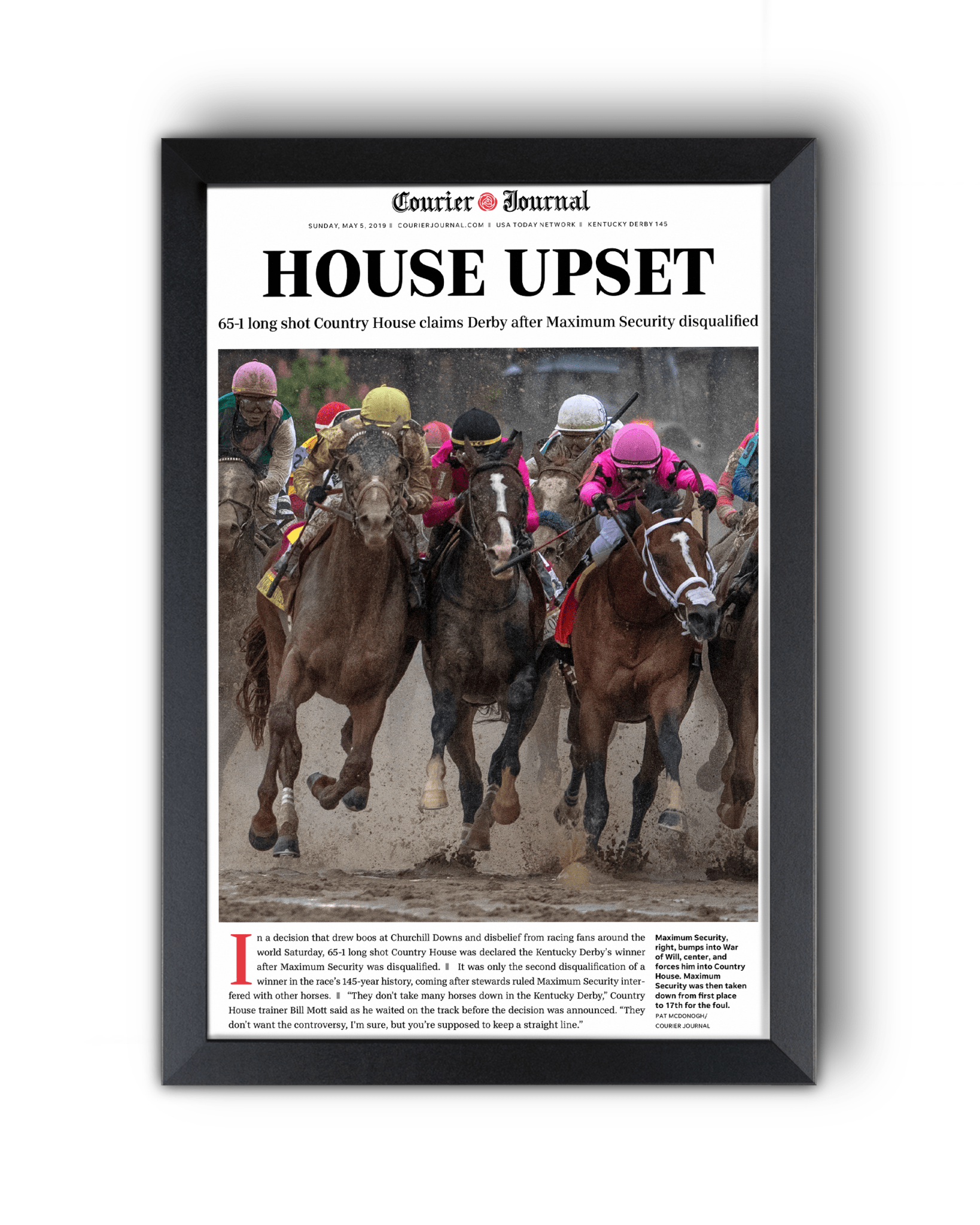 2019 Kentucky Derby “HOUSE UPSET” Country House Winner Framed Front Page Newspaper - TitleGameFrames.com