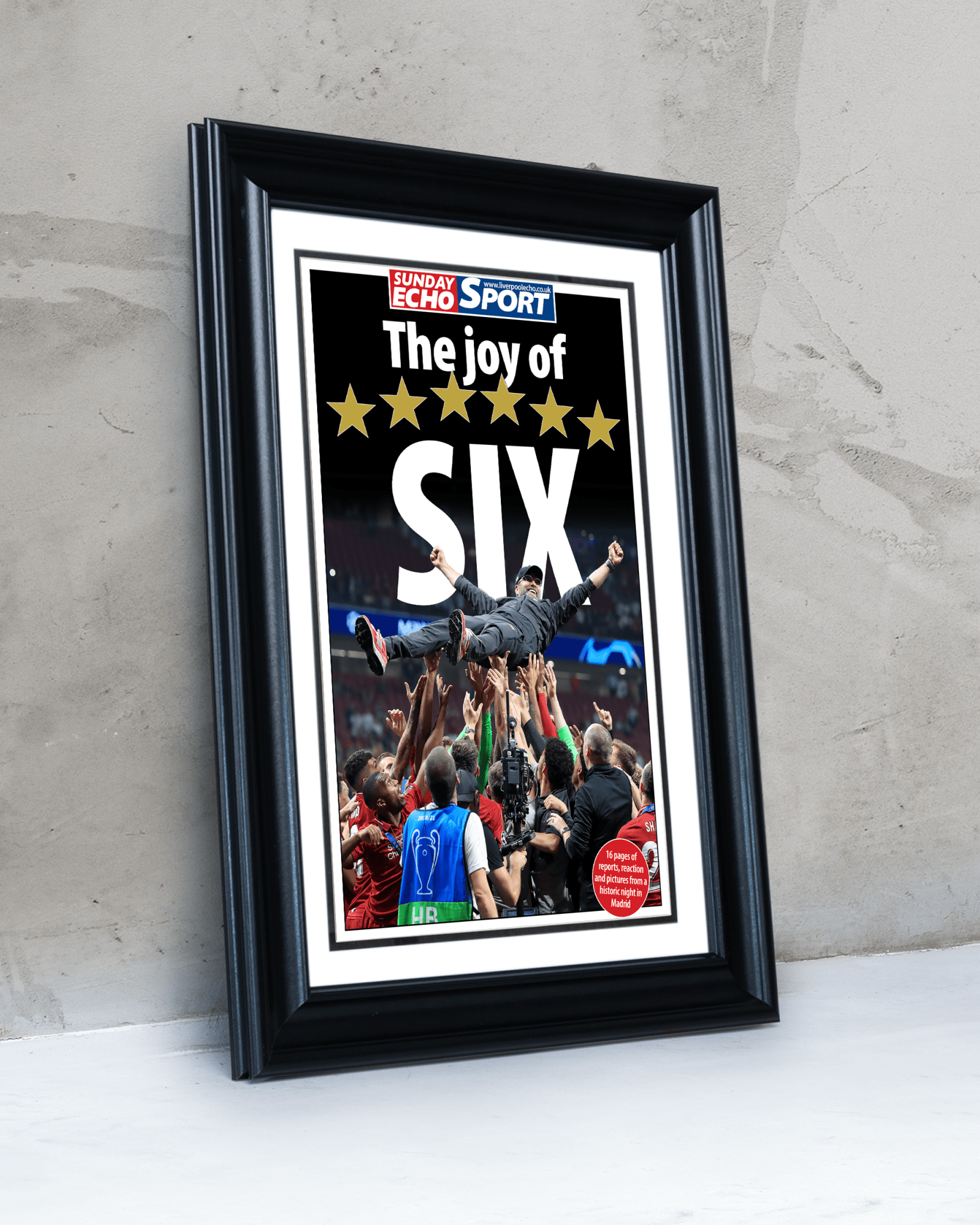 2019 Liverpool Football Champions League Winners "The Joy of Six" Framed Newspaper - TitleGameFrames.com