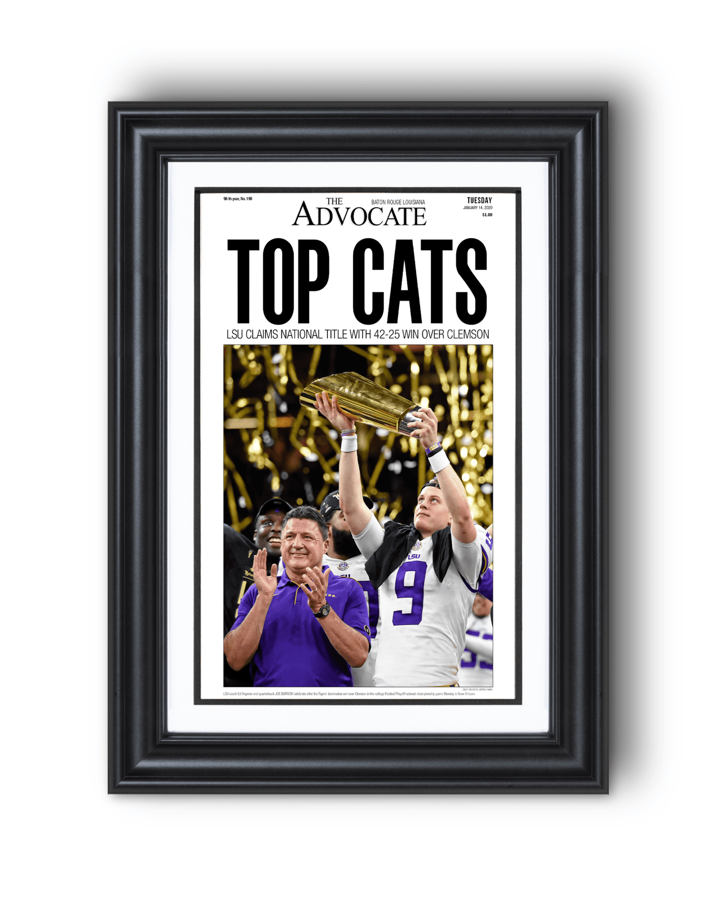 2019 LSU Tigers National Champions "Top Cats" Framed Front Page Newspaper Print - TitleGameFrames.com