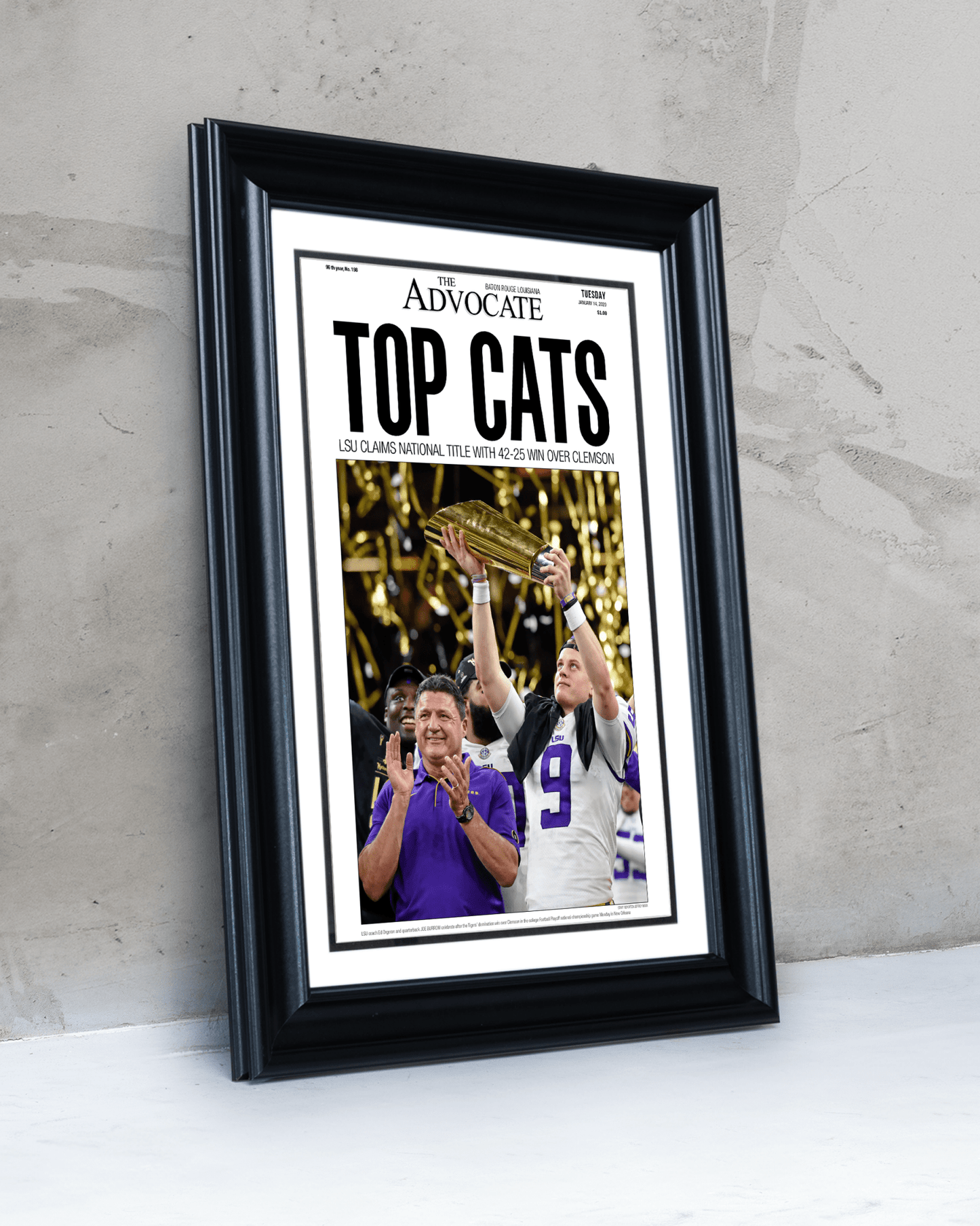 2019 LSU Tigers National Champions "Top Cats" Framed Front Page Newspaper Print - TitleGameFrames.com