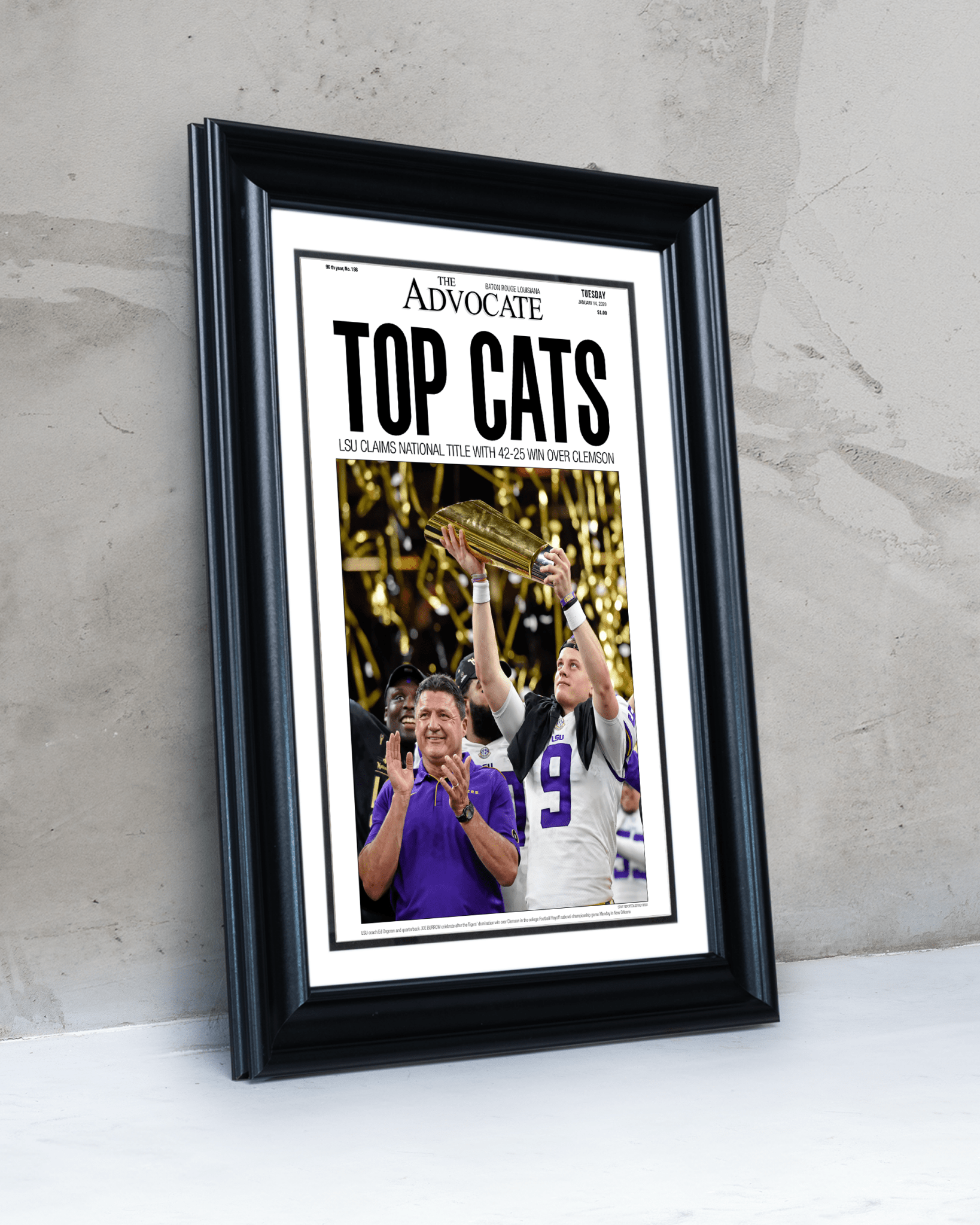 2019 LSU Tigers National Champions "Top Cats" Framed Front Page Newspaper Print - TitleGameFrames.com