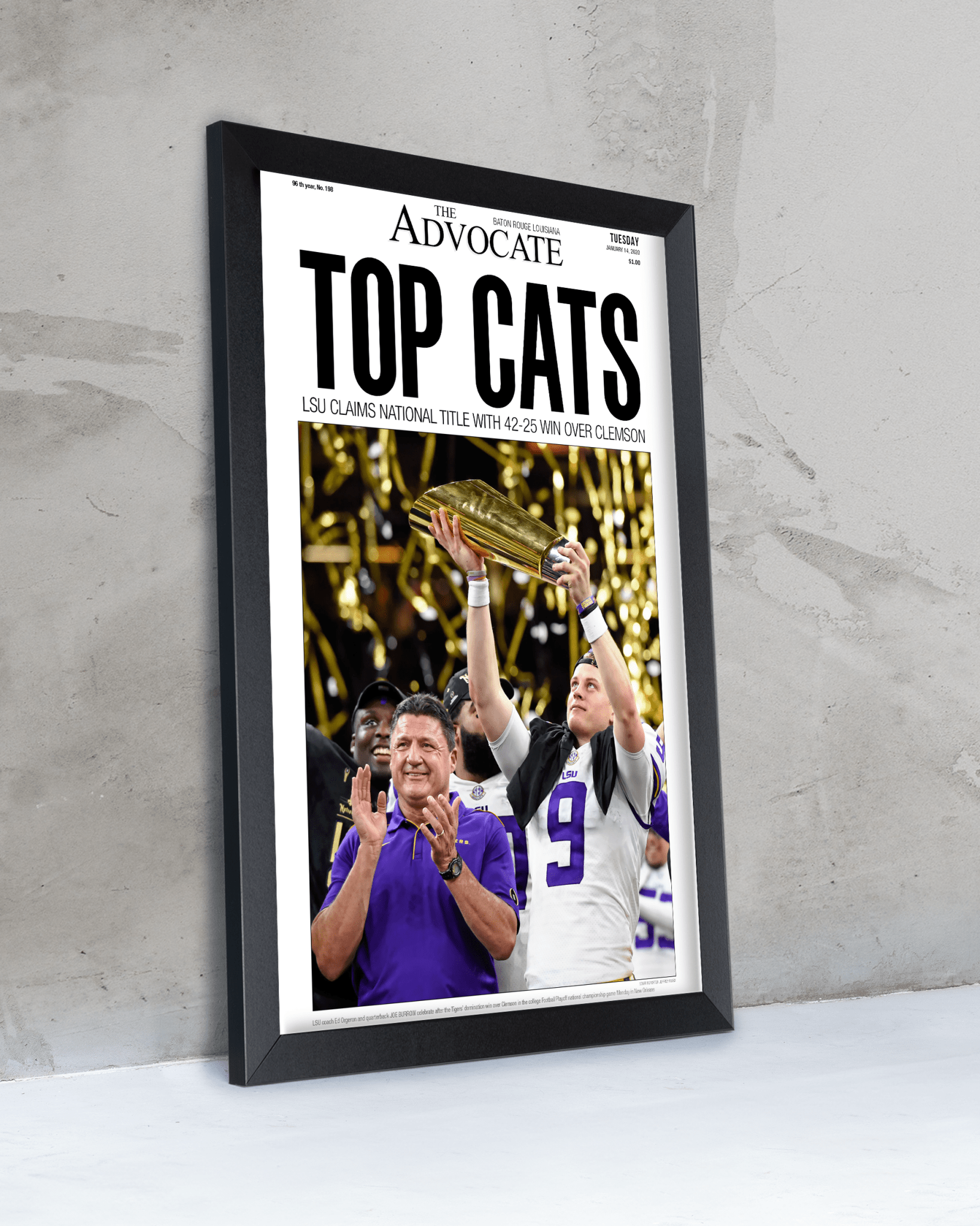 2019 LSU Tigers National Champions "Top Cats" Framed Front Page Newspaper Print - TitleGameFrames.com