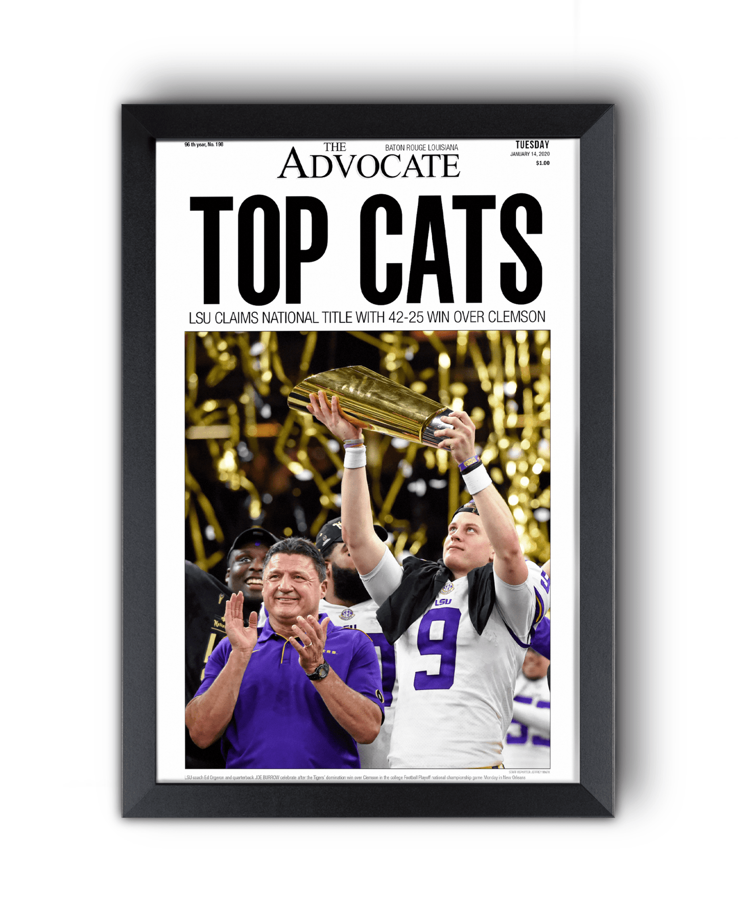 2019 LSU Tigers National Champions "Top Cats" Framed Front Page Newspaper Print - TitleGameFrames.com