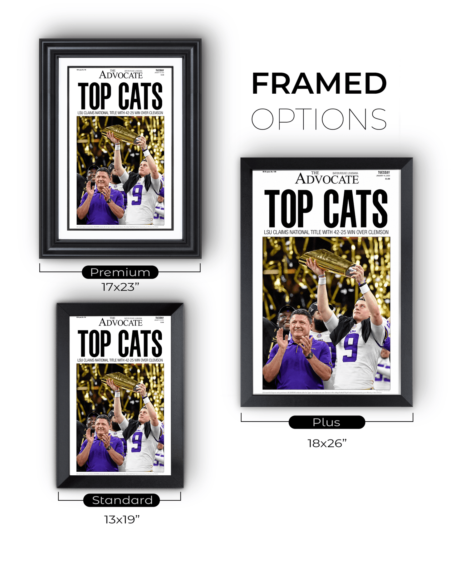 2019 LSU Tigers National Champions "Top Cats" Framed Front Page Newspaper Print - TitleGameFrames.com