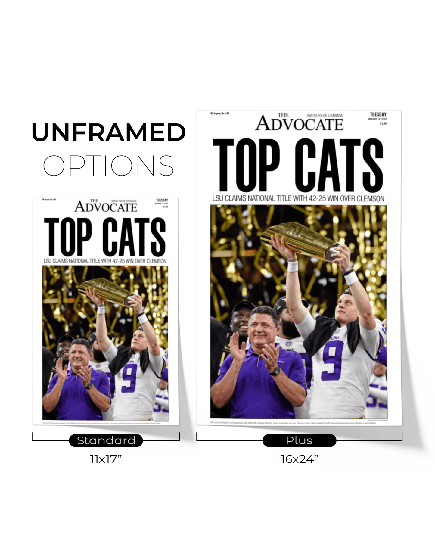 2019 LSU Tigers National Champions "Top Cats" Framed Front Page Newspaper Print - TitleGameFrames.com